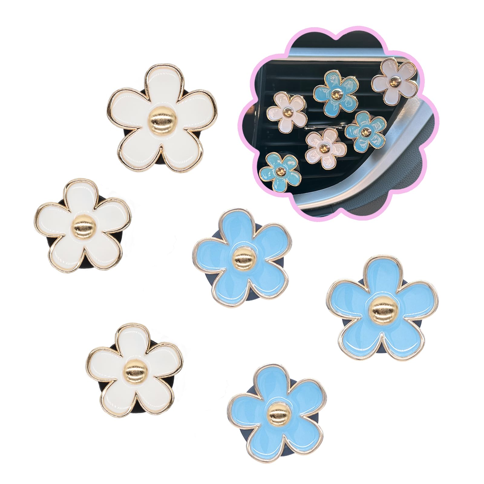 Oriesse 6Pcs Flowers Car Air Freshener Vent Clips Blue White Daisy Flowers Air Vent Clip Car Accessories For Women 3.3Cm/3Cm Ref