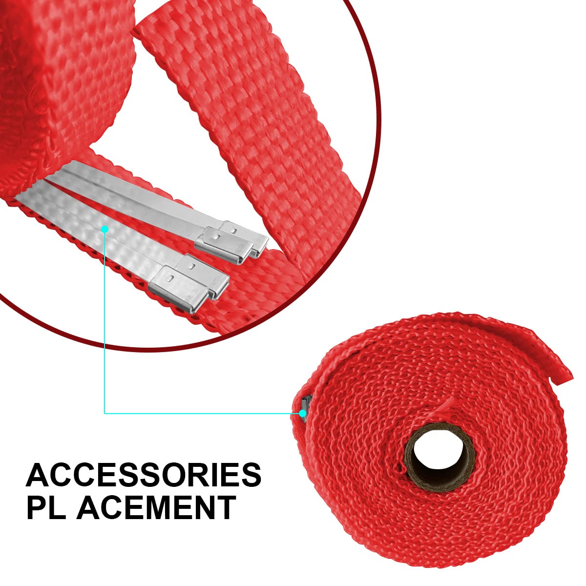 BLAU GRUN Auto Exhaust Wrap - 16FT Titanium Fiberglass Heat Shield, Universal Motorcycle Protection, Red with 4 Stainless Ties