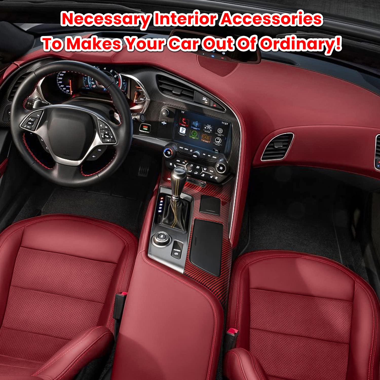 E-cowlboy Carbon Fiber Look Control Gears Panel Cover for Chevrolet Corvette C7 Z06/Z51/ZR1 2014-2019 - Red, ABS Material