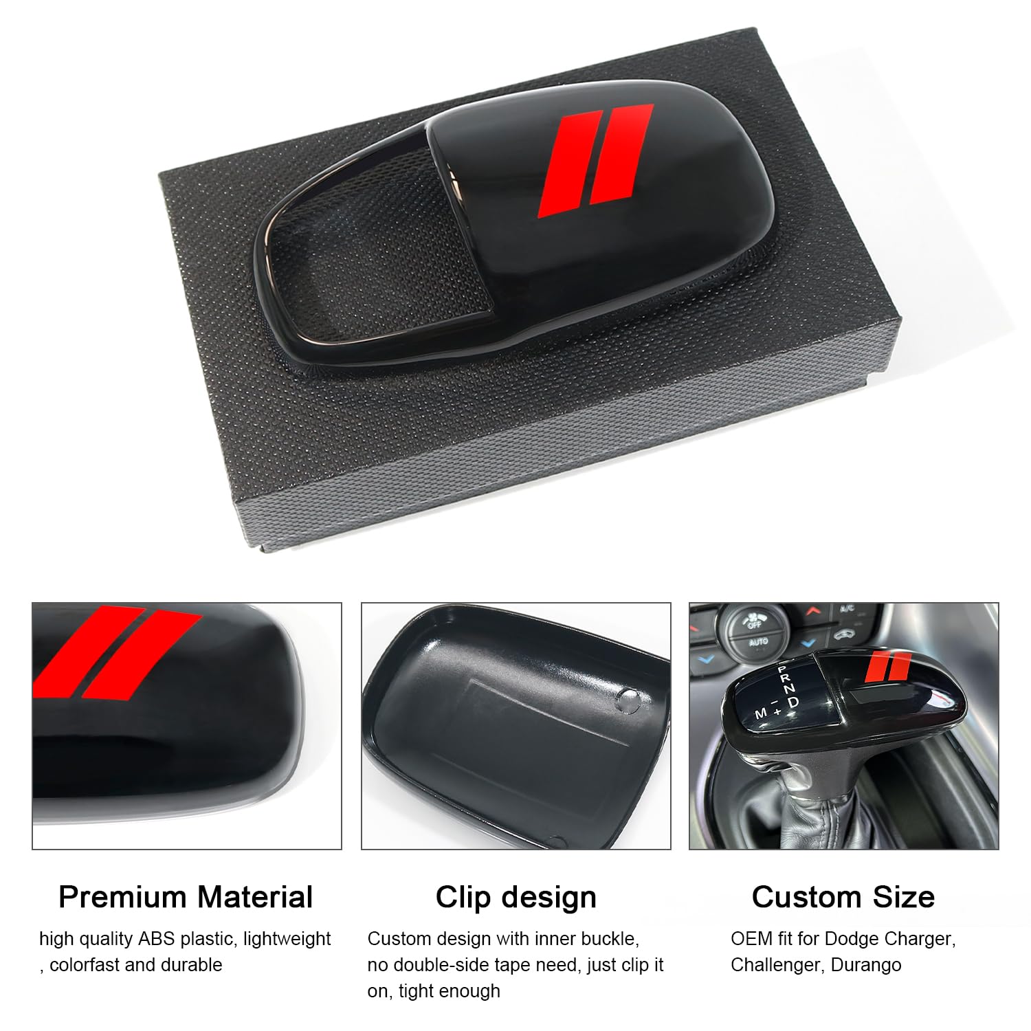REMOCH Gear Shift Knob Cover for Dodge Charger, Challenger, Durango - Red ABS Protector (2015-2024)