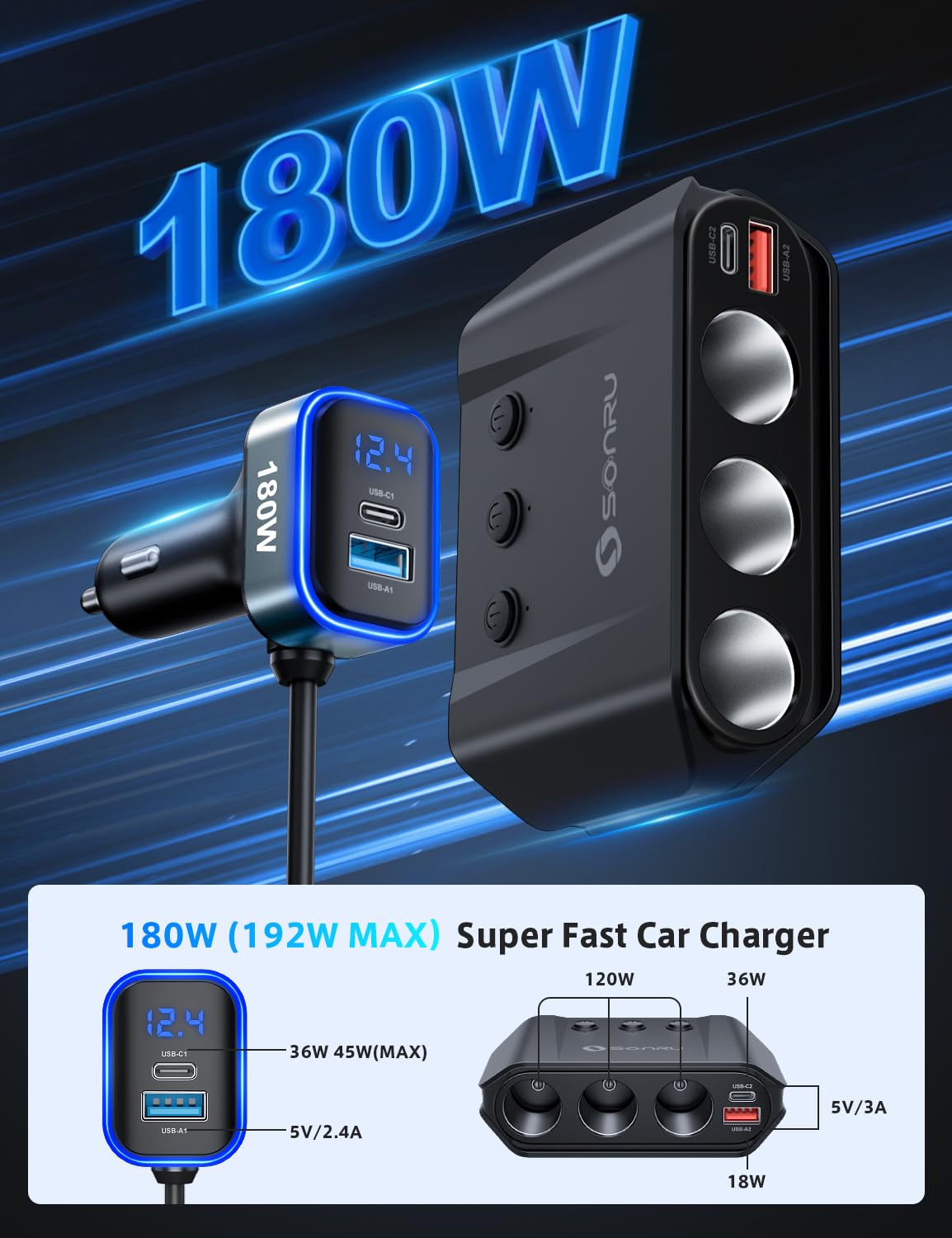 7 in 1 Cigarette Lighter Splitter, SONRU 180W (max 192W) 3-Socket Car Cigarette Lighter Adapter with Dual PD 36W/QC3.0 Fast Char