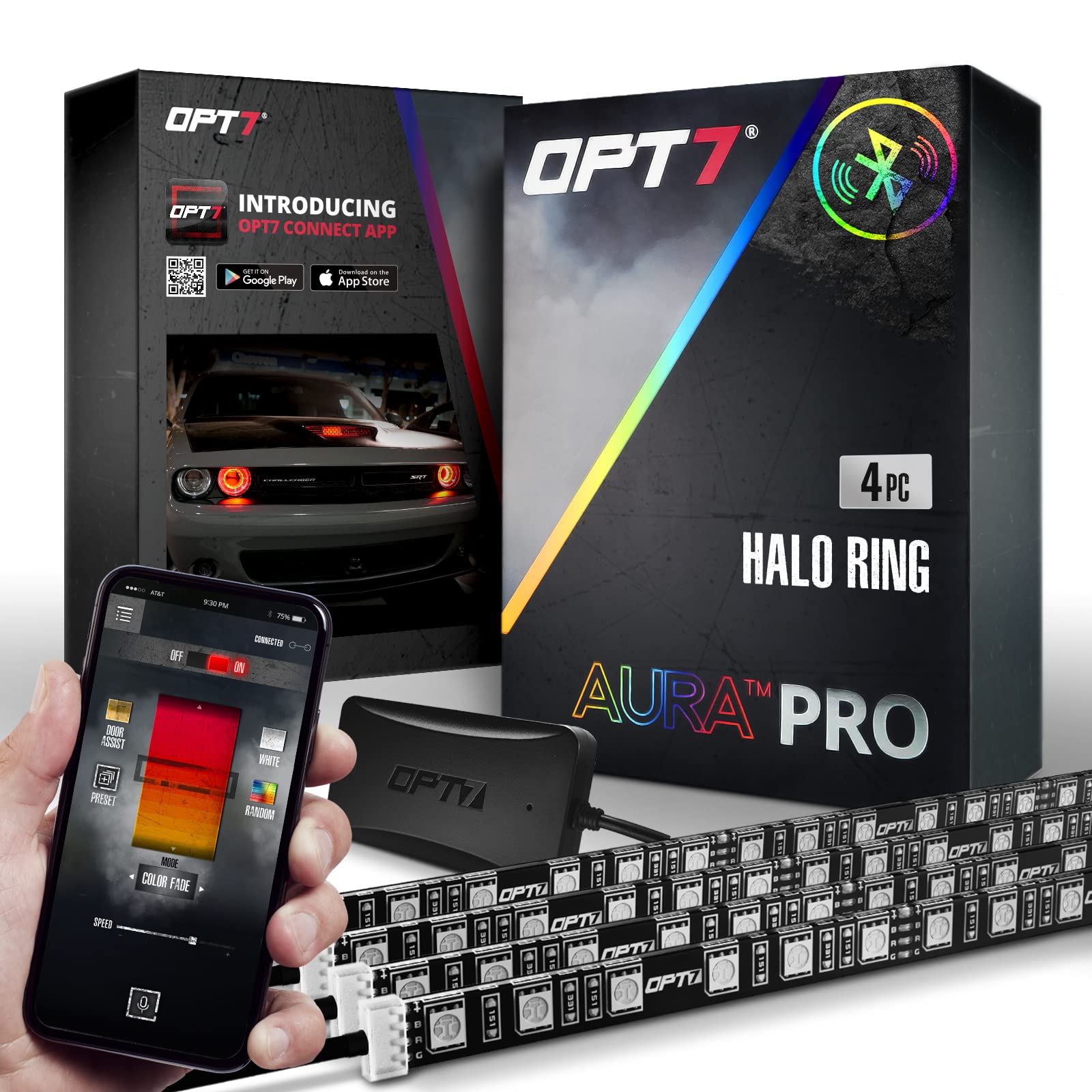 Opt7 Aura Pro Halo Light Drl For 08-23 Dodge Challenger, Bluetooth Rgb Full Color Spectrum Demon Eye, Angel Eye Kit, Easy Instal
