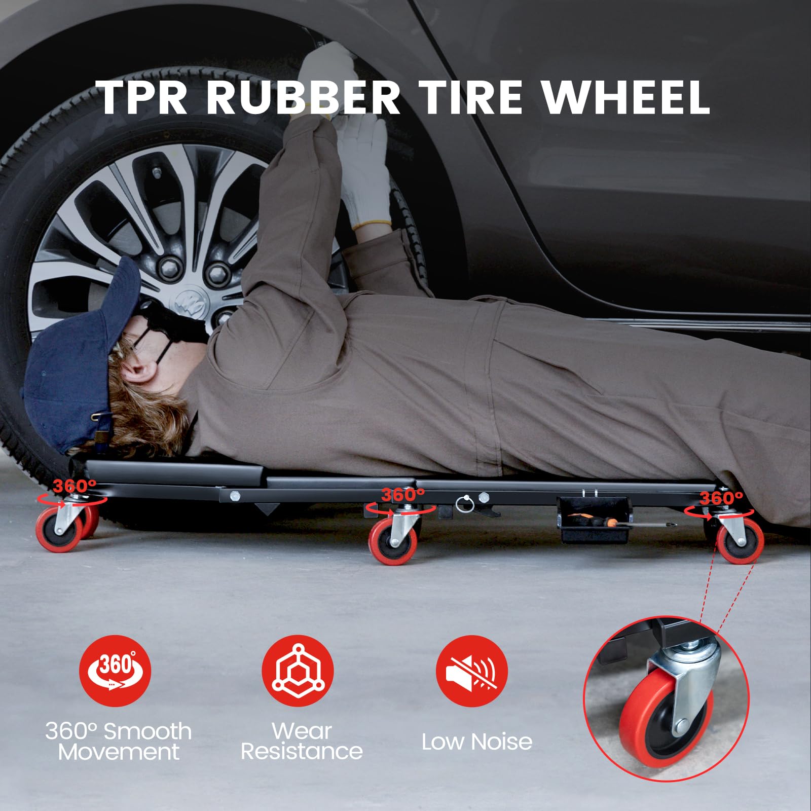 KROAK Creeper, 36 Inches 2 in 1 Z Creeper Seat 330 lbs Capacity Garage Chair Adjustable Rolling Folding Car Creeper with 6 pcs W