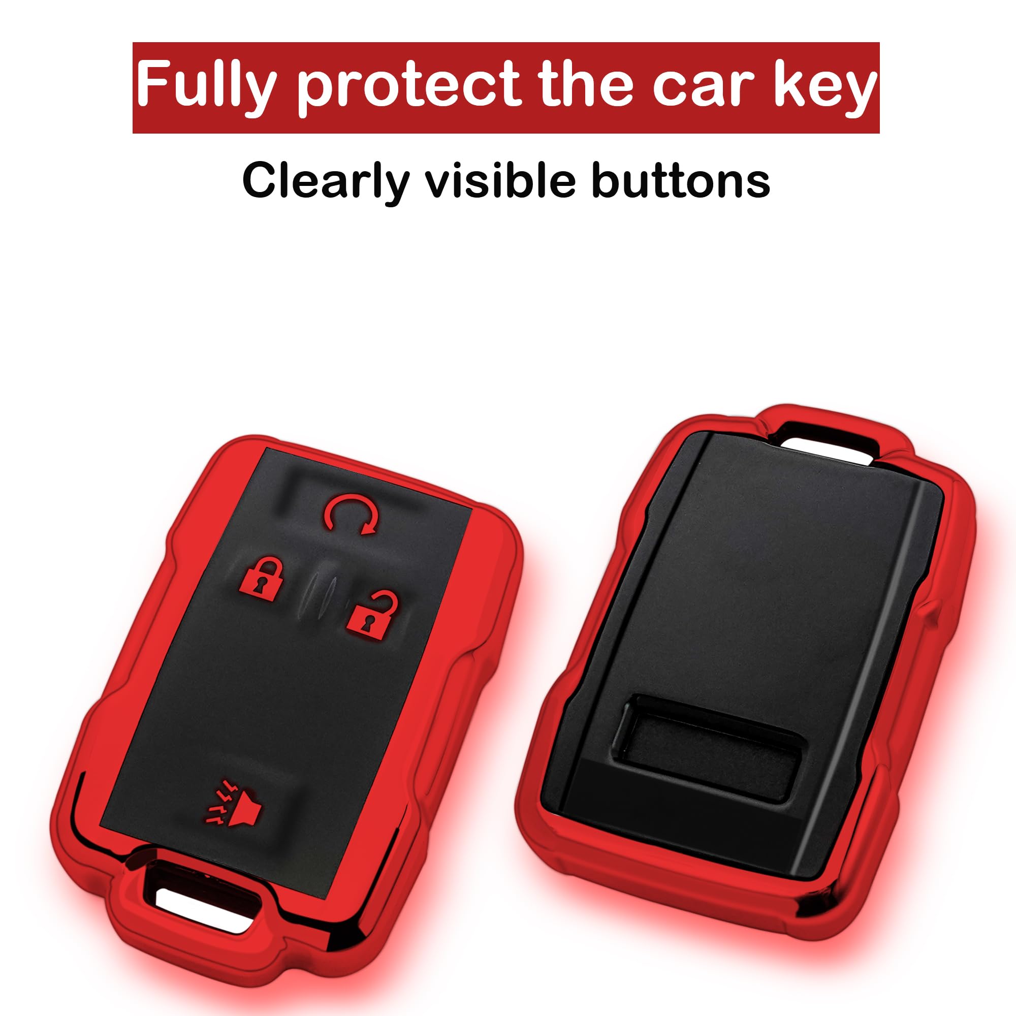 Kirsnda Key Fob Cover Case for Chevrolet, Soft TPU, 4-Buttons, Red, Fits GMC Colorado, Silverado, Suburban, Tahoe