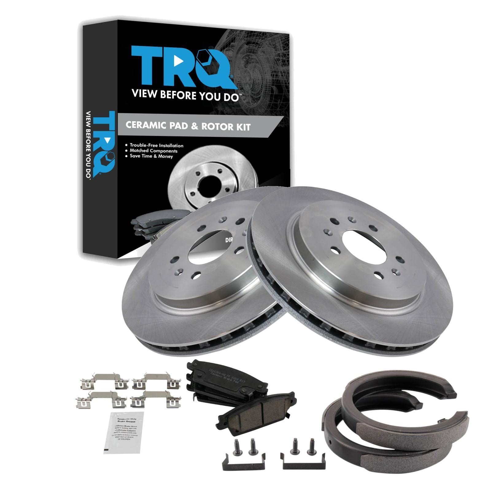 Trq Rear Brake Pad & Rotor Kit Brake Pads Brake Rotor Parking Brake Shoe Set Ceramic Compatible With 2005-2008 Cadillac Sts