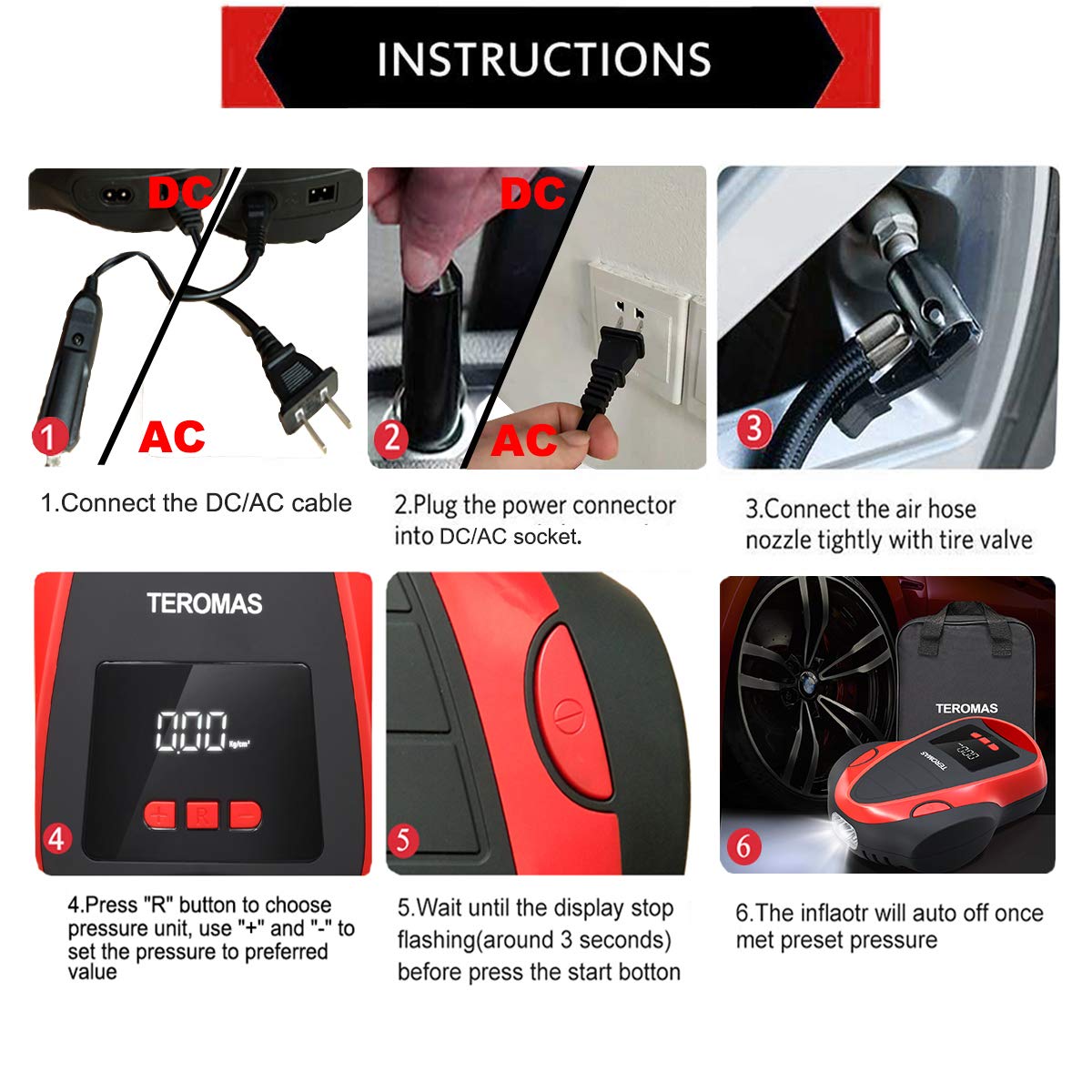 TEROMAS Portable Tire Inflator, 12V DC & 110V AC Air Pump, Digital Pressure Gauge, Red, Model TMS-3015, ABS Material