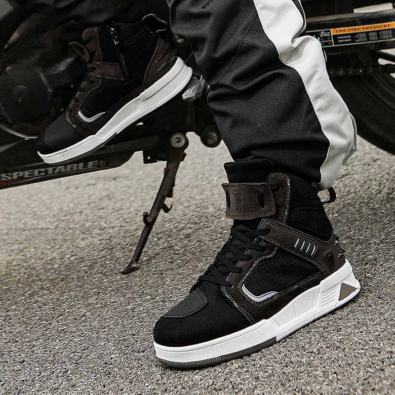 Bofucn Motorcycle Leather Boots,Street Riding Shoes,Anti-Slip Side Zipper Shoes For Men And Women (Black/Grey, Adult, 6.5 Men/7.