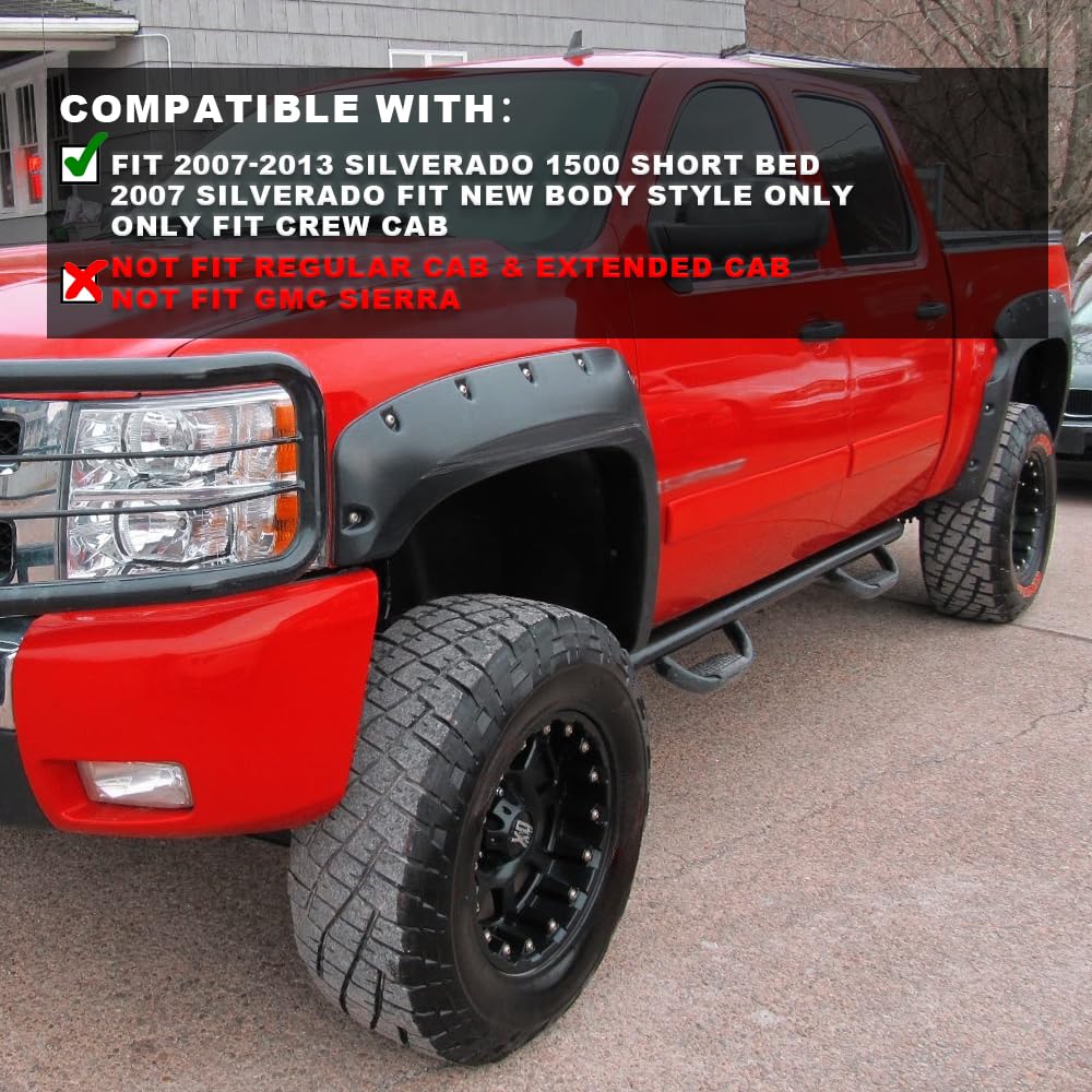 G-PLUS Pocket Rivet Fender Flares for 07-13 Chevy Silverado 1500, Black Polypropylene, Short Bed Crew Cab