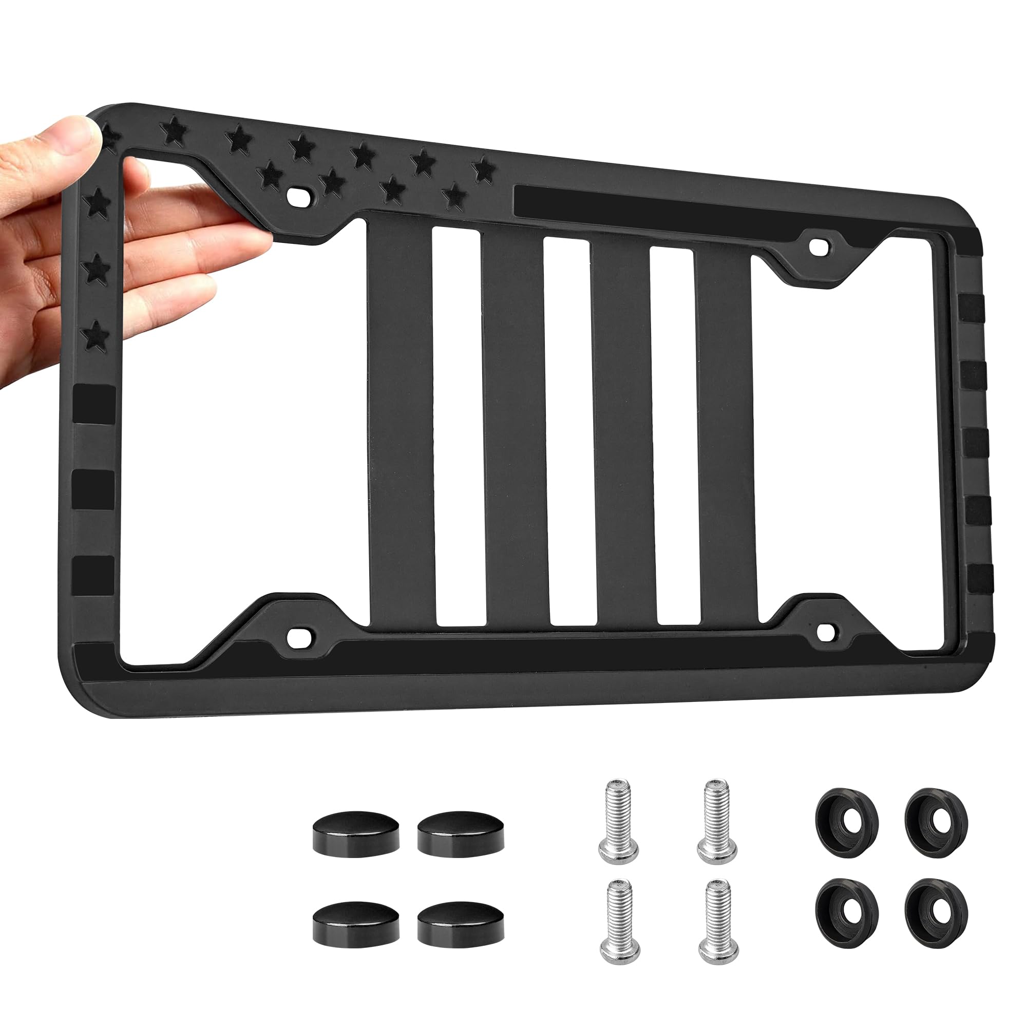 RED WOLF Silicone License Plate Frame American Flag Auto Tag, Subdued 3D Stars and Stripes USA Flag Front Rear License Plate Bra