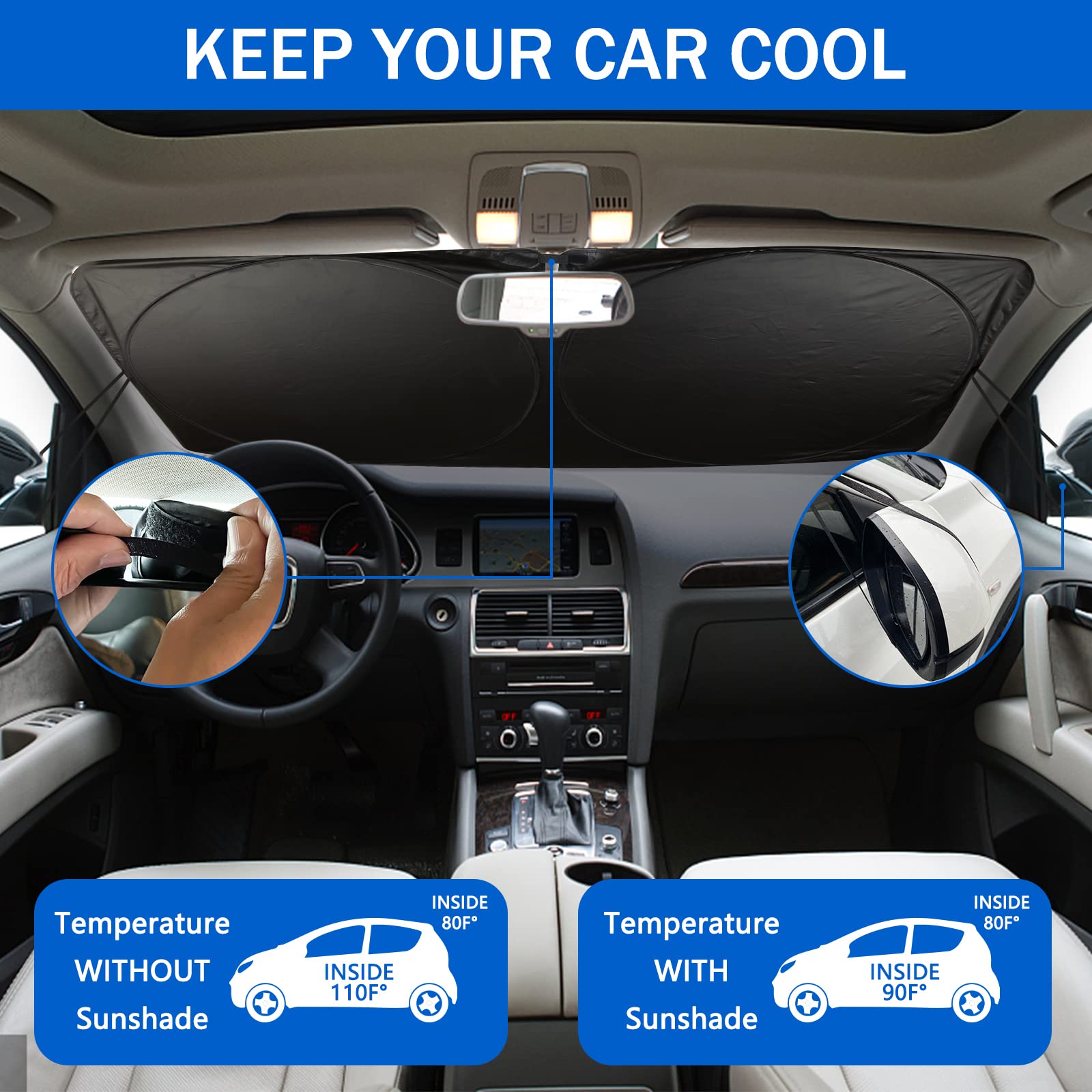 Eygeufg Car Windshield Sun Shade, Funny Eyes Design, Foldable 59"x27.5"/63"x31.5", Wear-Resistant Polyester, Eyes-Black