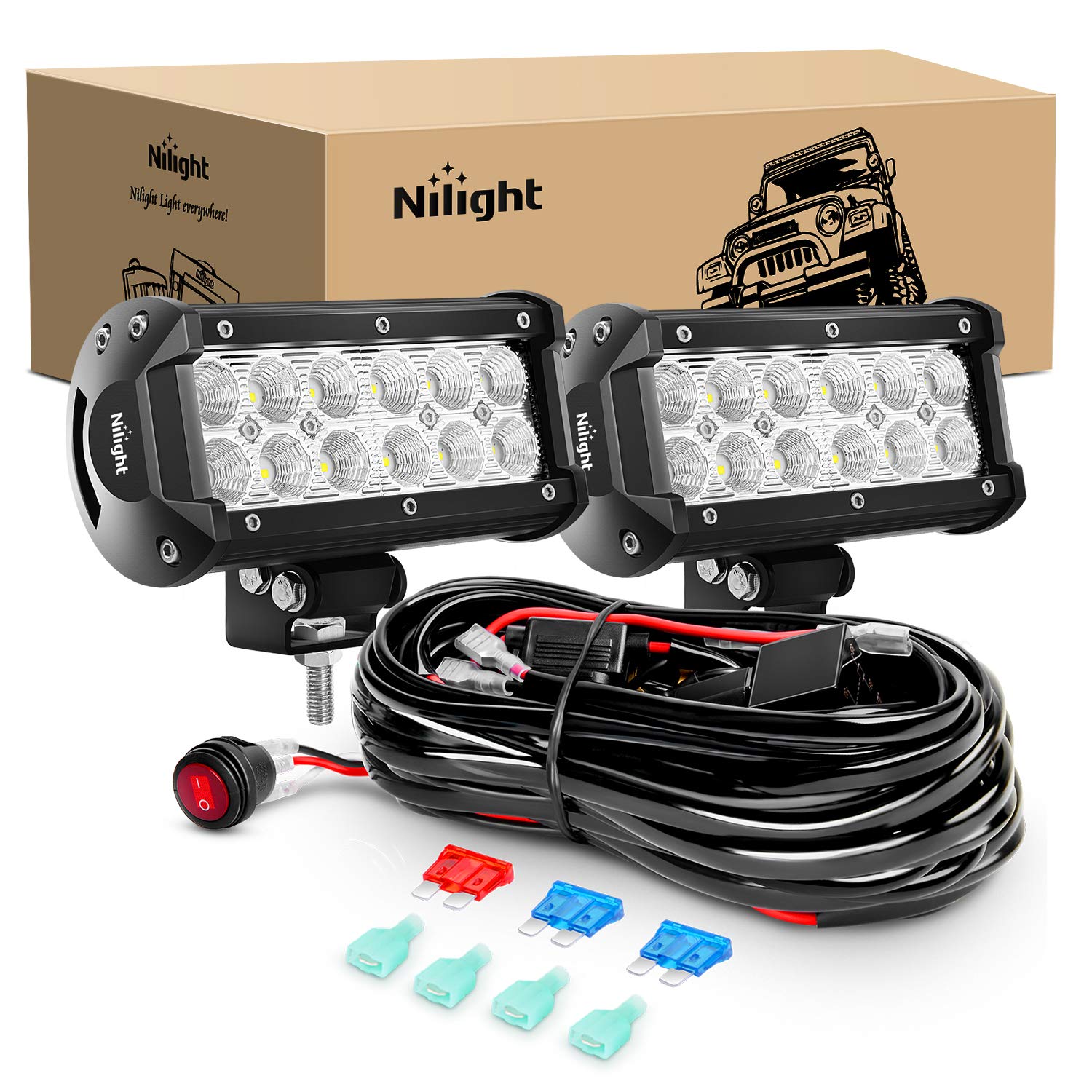 Nilight 2Pcs 6.5 Inch 36W Flood Led Light Bar Led Work Light Off Road Driving Light With Off Road Wiring Harness