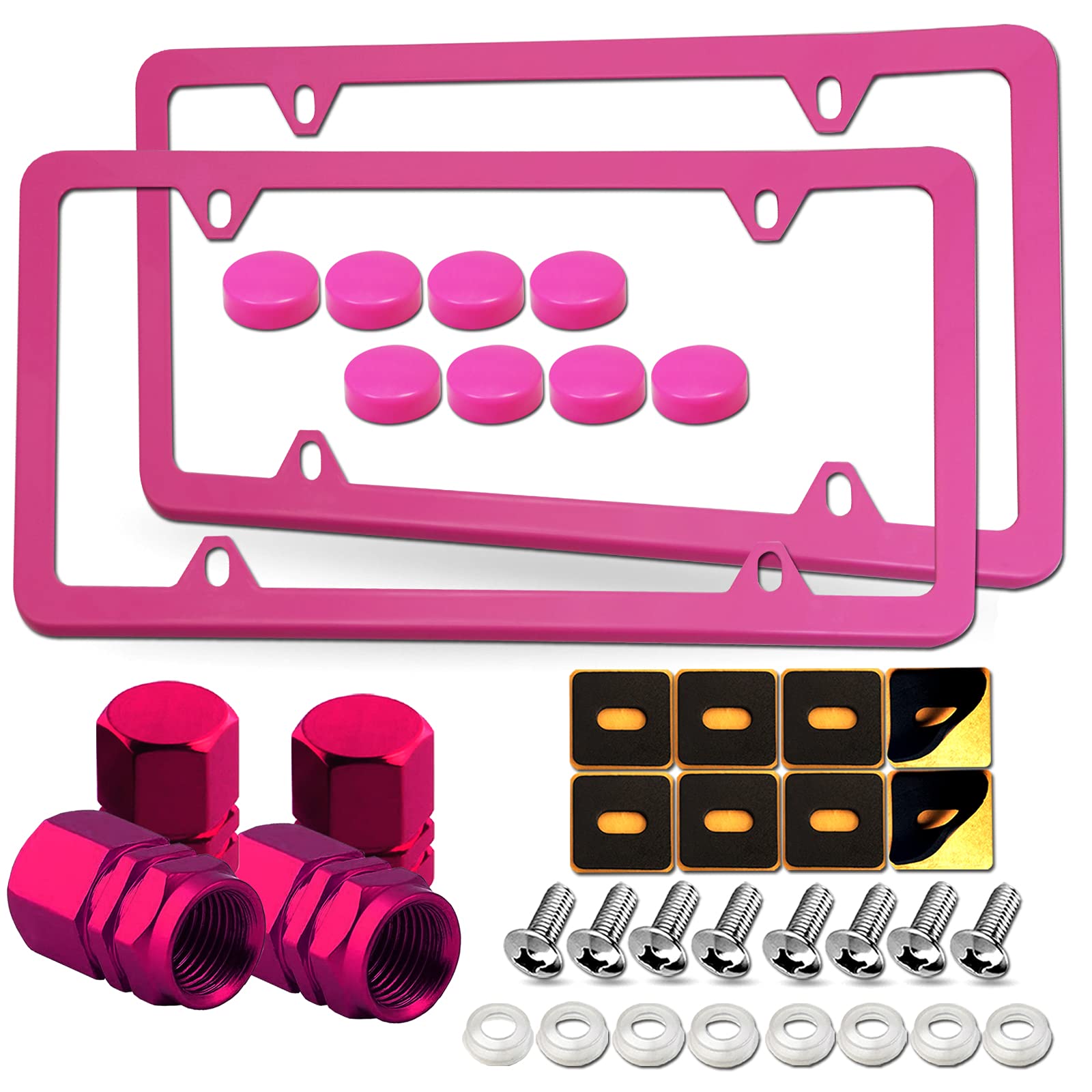 Youoy Pink License Plate Frames- Aluminum Front & Rear Car Tag Covers For Girl Women, 2 Pack 4 Hole Thin Slim Holders With Mounting Hardware Kit- Stainless Steel Screws, Rattle Proof Pads