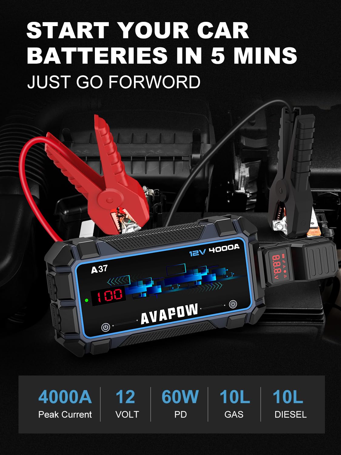 Avapow Jump Starter Car Battery 2500A Peak,Portable Jump Starters For Up To 8L Gas 8L Diesel Engine With Booster Function,Wirele