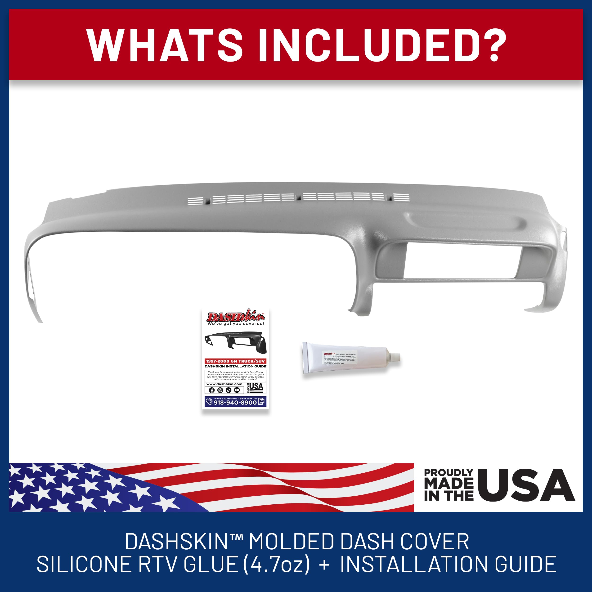 DashSkin Molded Hard Plastic Dash Cover for 1997-2000 C1500 K1500 Tahoe Suburban Yukon & Escalade, Medium Grey, Made in USA