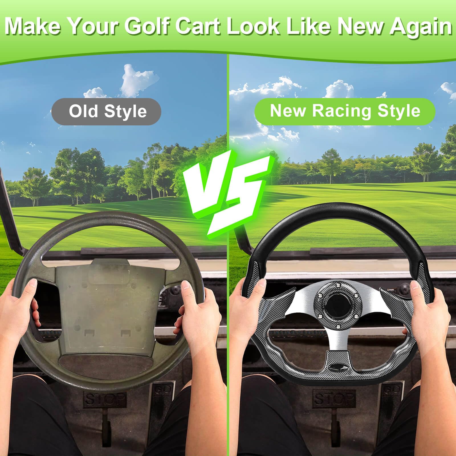 Leapgomax Golf Cart Steering Wheel Fit Ezgo Rxv & Txt, Club Car Ds, Club Car Precedent Tempo, Yamaha Golf Carts(D Shape Design S