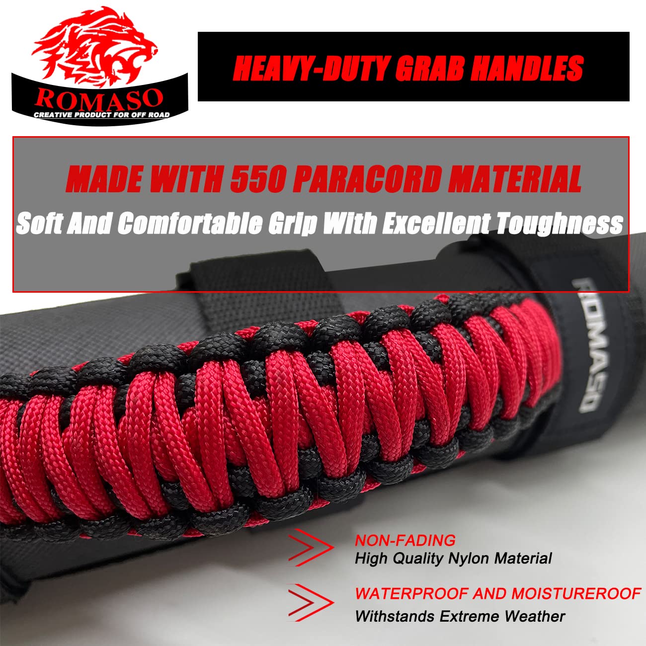 ROMASO Roll Bar Grab Handle for Jeep Wrangler,Grab Handle for Jeep Wrangler YJ JK JL,Comfortable Paracord Material(Black/Red),Pa
