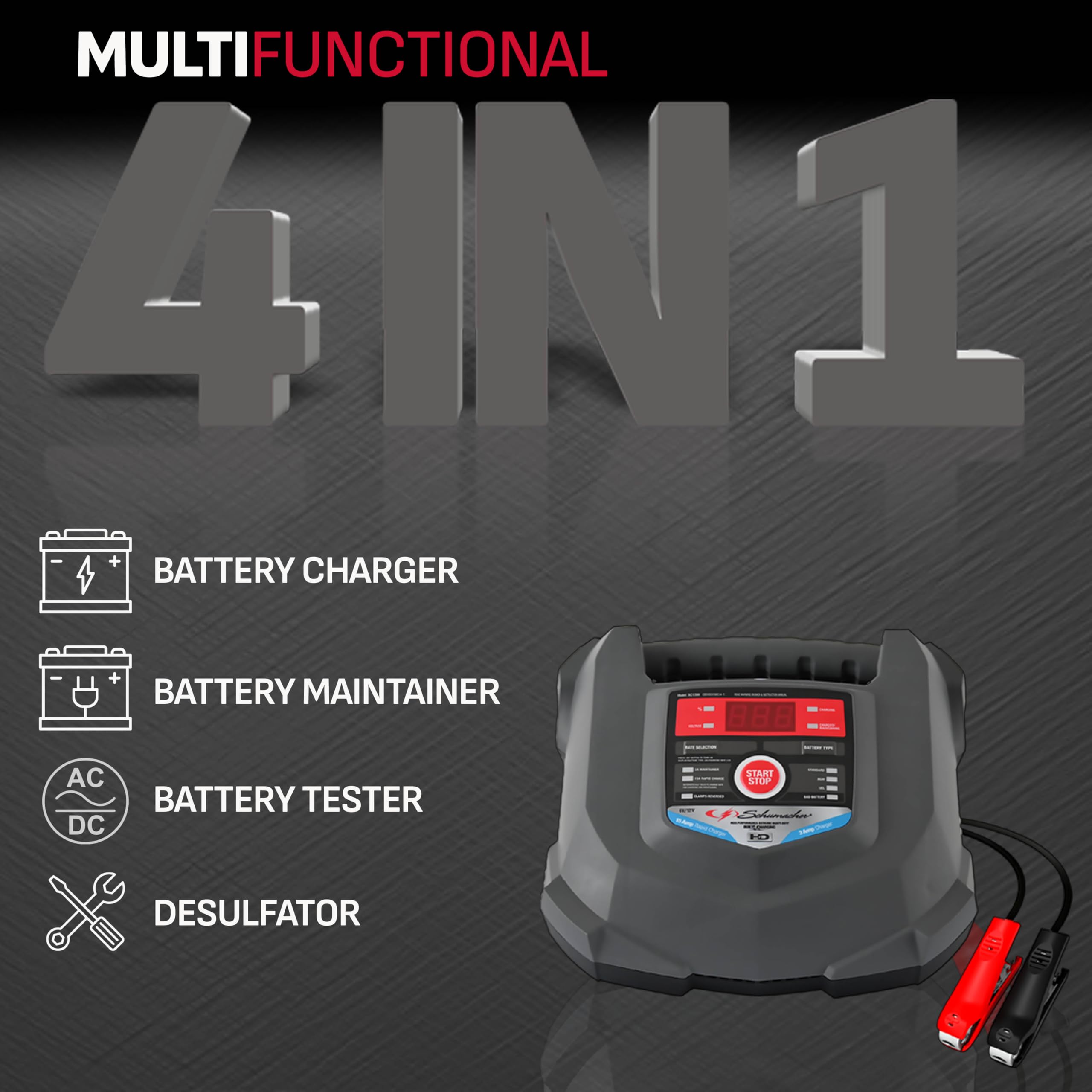 Schumacher Electric SC1280 4-in-1 Car Battery Charger & Maintainer, 15A for 6V/12V, Black