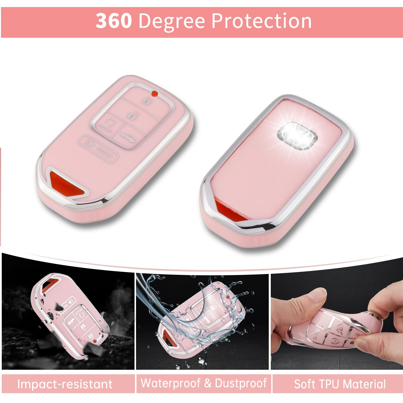 Pangpai Pink Car Accessories 3 Pcs For Honda Accord Civic Crv Pilot Odyssey Key Fob Cover With Bling Keychain Cute Push To Start