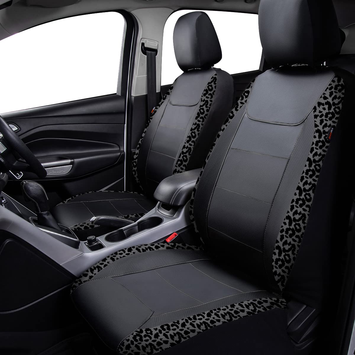 Flying Banner Car Seat Covers - Gray Leopard Velvet Faux Leather, Full Set 8PCS, FB-067107