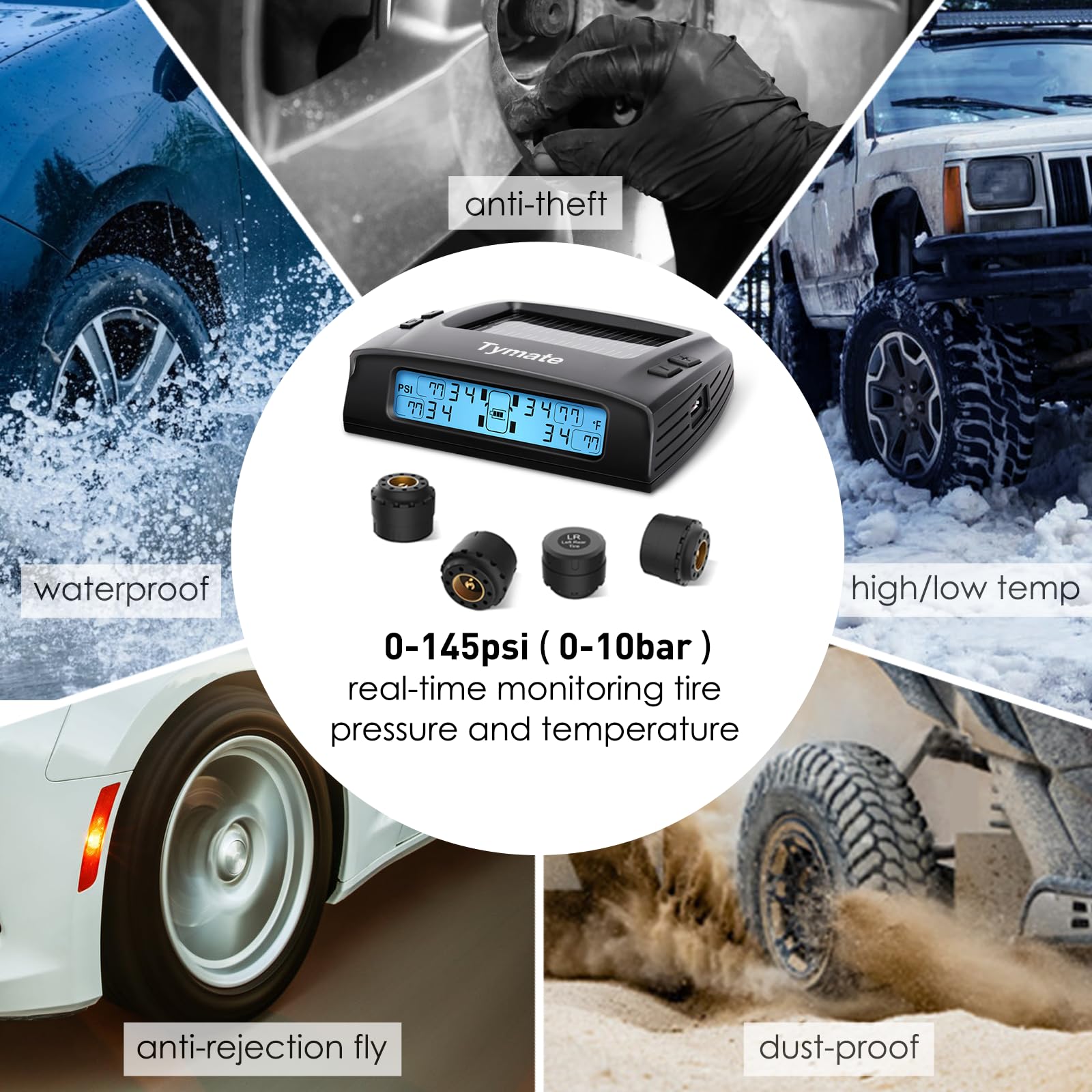 Tymate RV Tire Pressure Monitoring System M7-3 with 4 Sensors, Solar Charger, LCD Display, 0-87 PSI, Easy Installation