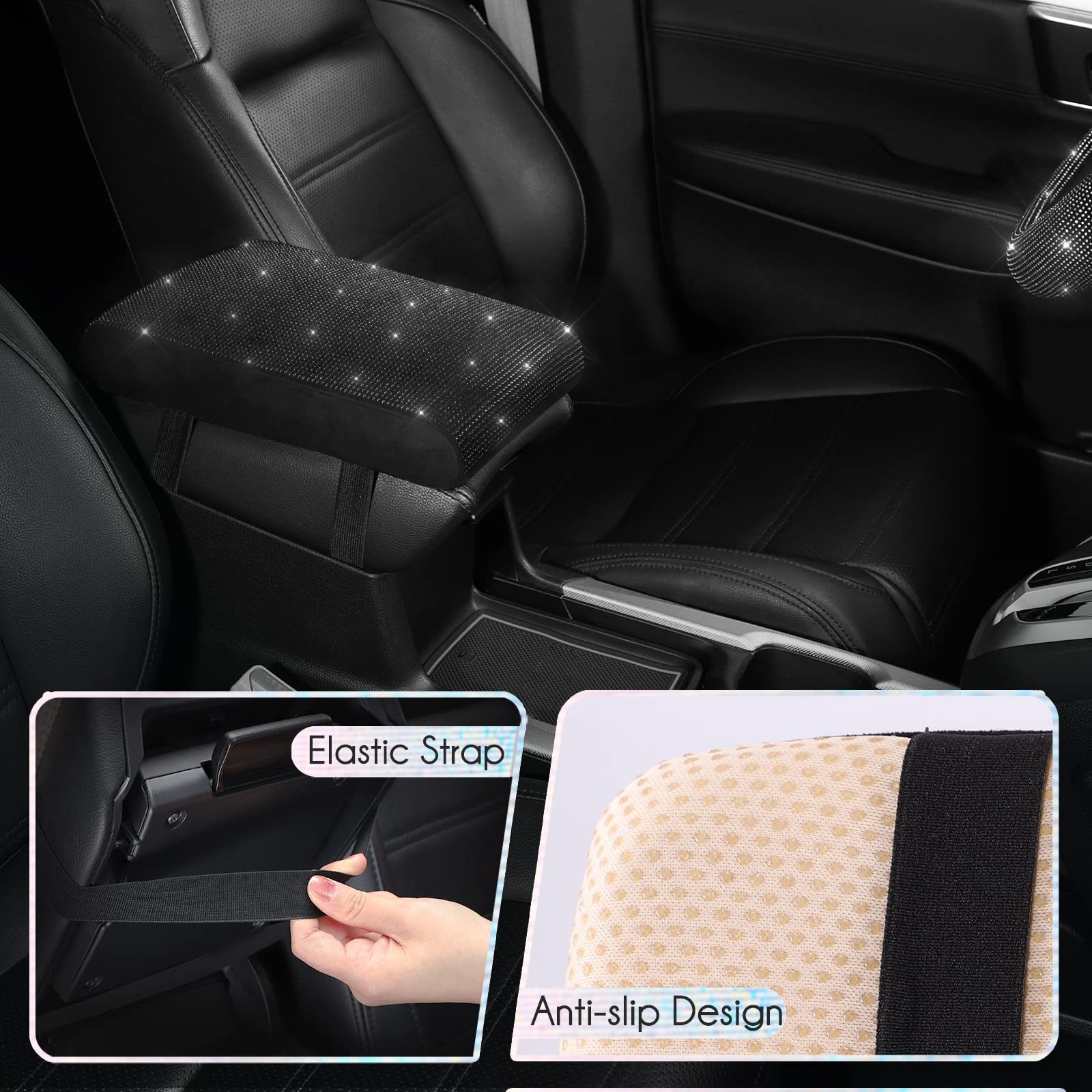 Seg Direct Diamond Auto Center Console Cover, Bling Car Armrest Cover, Memory Foam Armrest Cushion Pad With Crystal Rhinestones, Universal Seat Box Cover, Black Diamond