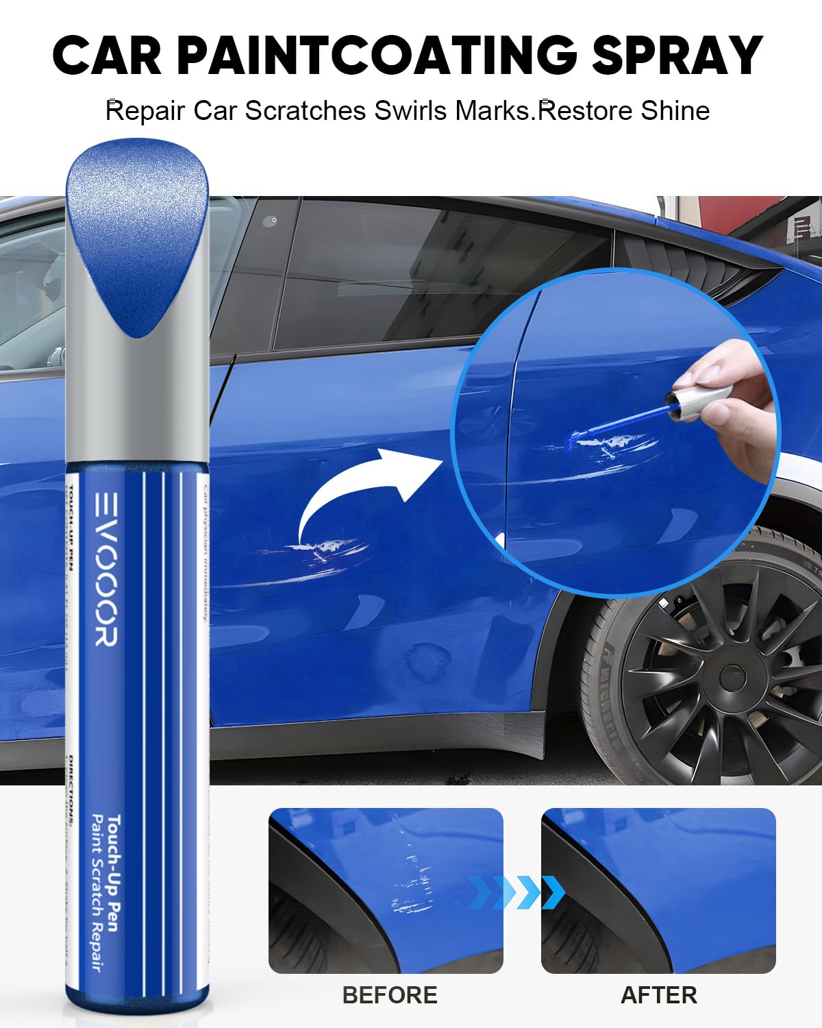 Evooor Deep Blue Metallic Touch Up Paint For Tesla- Diy Scratches Repair With Color-Matched For Model 3/Y/S/X (Deep Blue Metalli