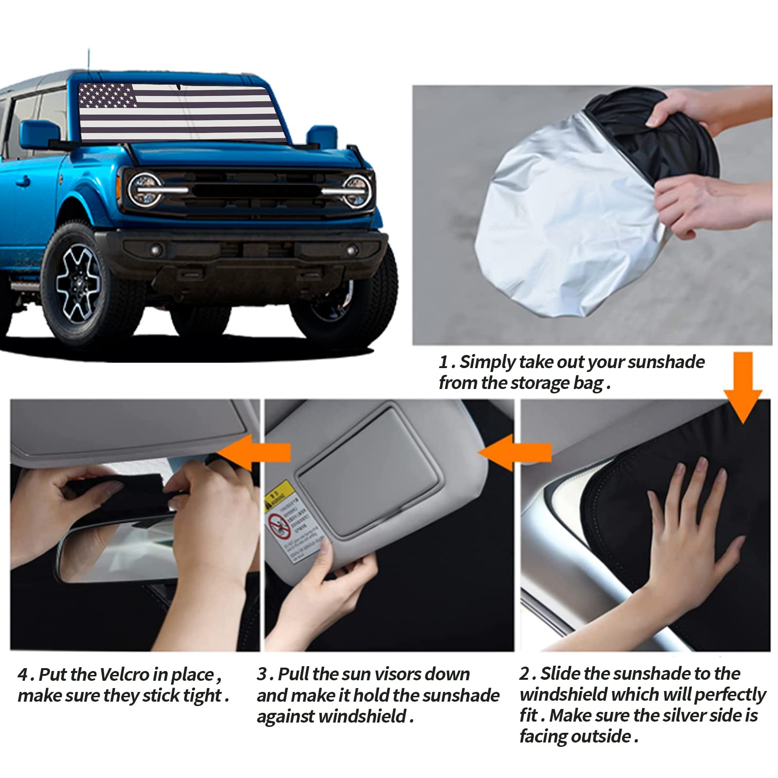 Moricere Upgrade Windshield Sun Shade With Usa Flag For Ford Bronco 2021-2023, Foldable Windshield Sun Visor Blocks Uv Rays