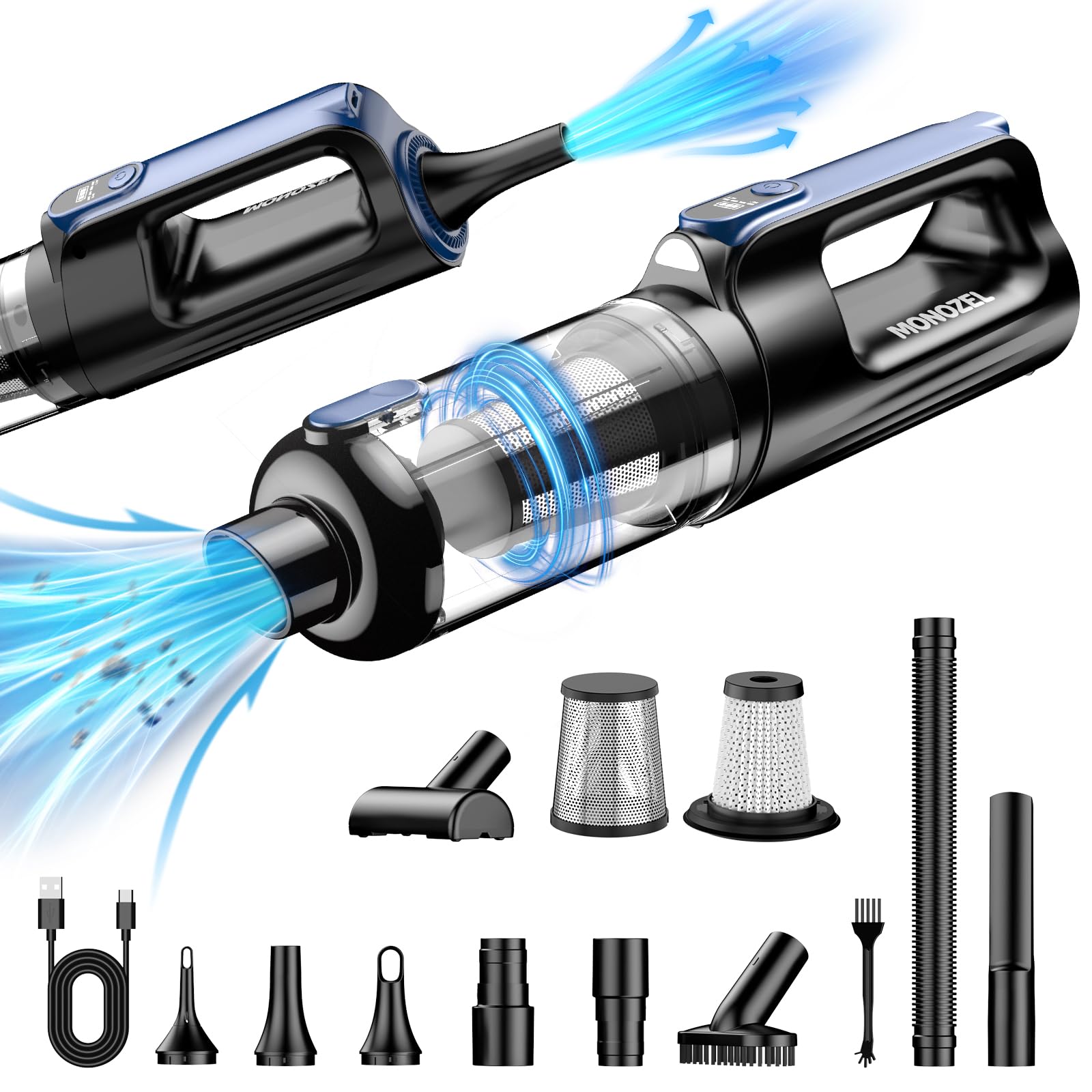 Monozel Car Vacuum Portable Cordless, 18000Pa 2 In 1 Vacuum Cleaner&Air Duster, 130W Brushless Motor Handheld Vacuum Cordless Wi