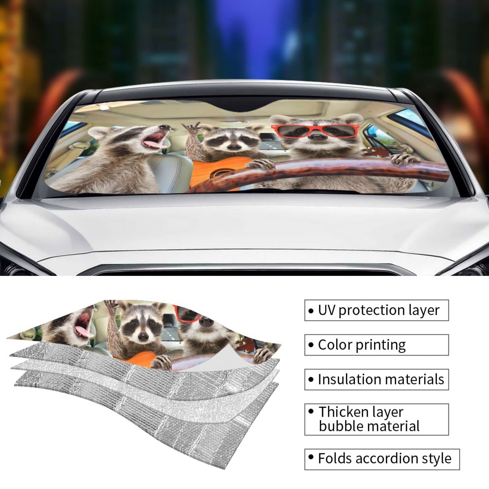 Begarm Three Funny Raccoons Animals Windshield Sun Shade For Car Suv Truck(51'' X 27.5'') Front Window Sun Shade Visor Shield Cover (Upgrade Hardened)