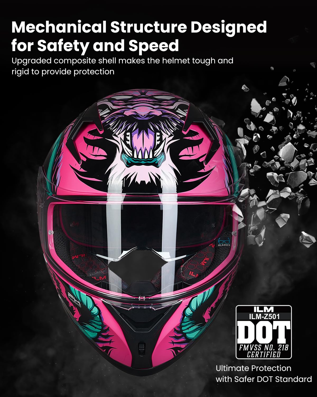 ILM Full Face Motorcycle Helmet, DOT Approved, EPS Material, Small, Legend Pink, Model ILM-Z501, Pinlock Compatible Visors