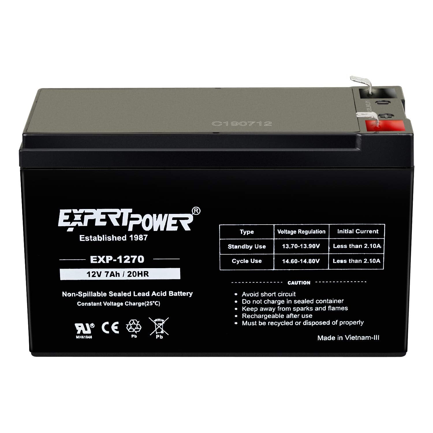 ExpertPower 12V 7AH Rechargeable SLA Battery - Model EXP1270-2, Pack of 1
