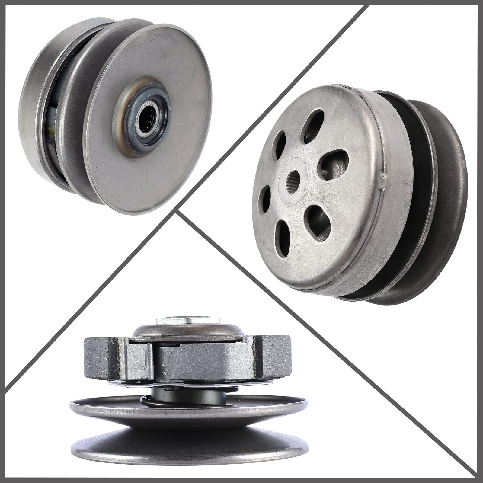 BATONECO Rear Clutch Assembly with Driven Pulley & Clutch Bell for GY6 125CC 150CC 157QMJ 152QMI 4-Stroke Engine, 19 Spline, Sco