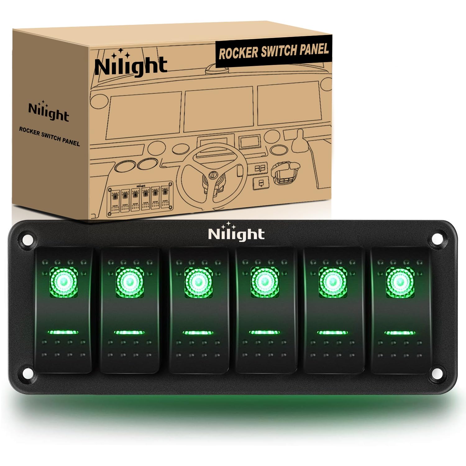 Nilight 6 Gang Rocker Switch Panel 5Pin On Off Toggle Switch Aluminum Holder 12V 24V Dash Pre-Wired Green Backlit Switches For A