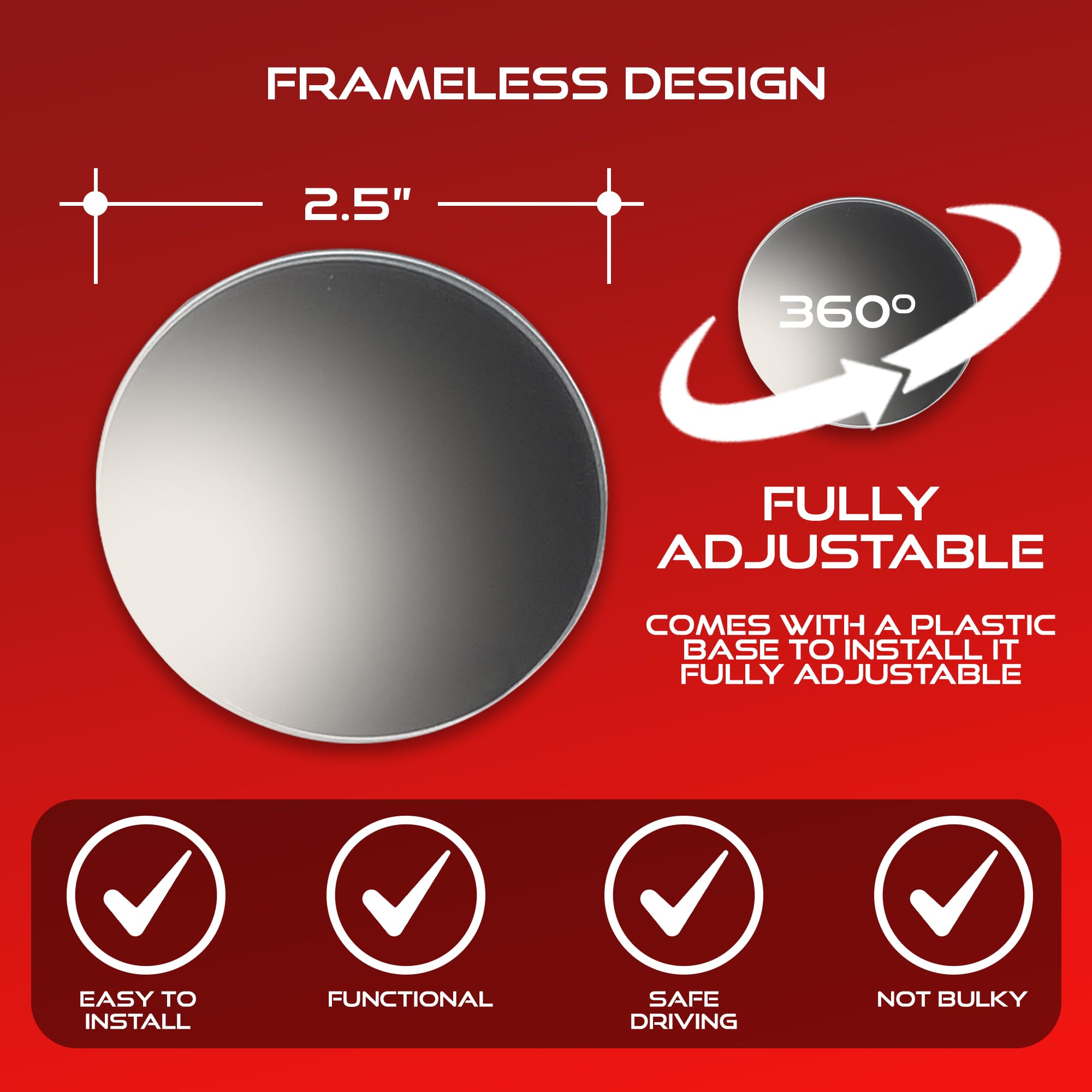 Utopicar 2.5" Convex Blind Spot Rear View Mirror - Glass, Mirror Finish, Model RRVWM319SILVER, 2 Pack