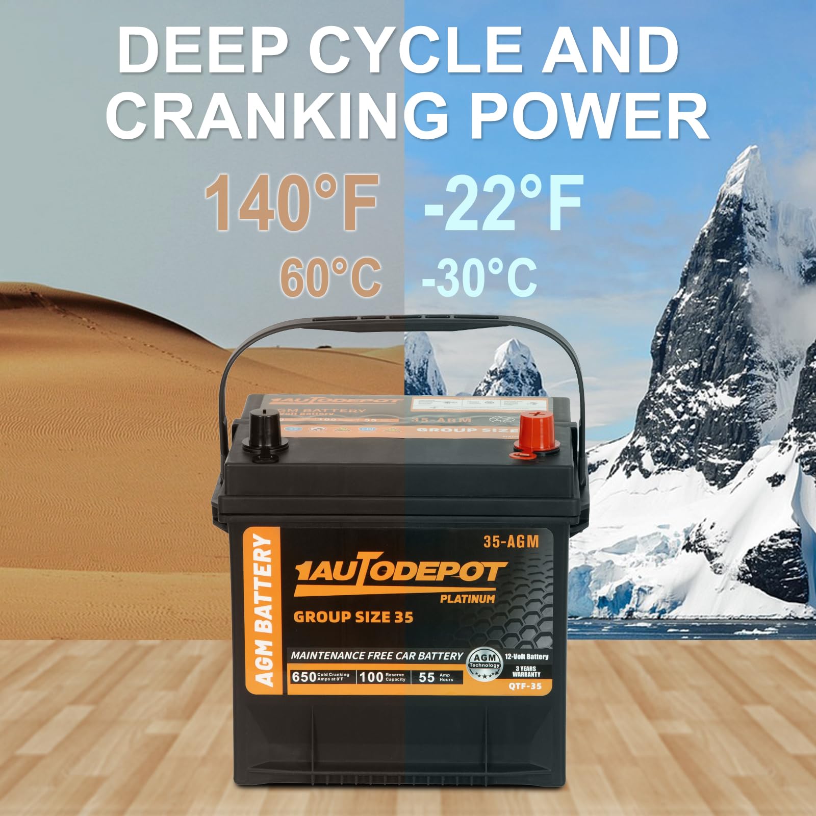 1Autodepot Bci Group 35 Car Battery, 12V 55Ah Automotive Battery Premium Maintenance Free Agm Batteries, 650Cca, 100Rc, 36 Month