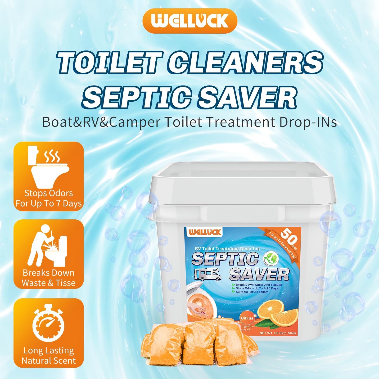 WELLUCK RV Toilet Treatment Drop Ins, 50 Packs, Citrus, Black Tank Deodorizer for Camper & Marine, Break Down Waste, Septic Tank Treatment