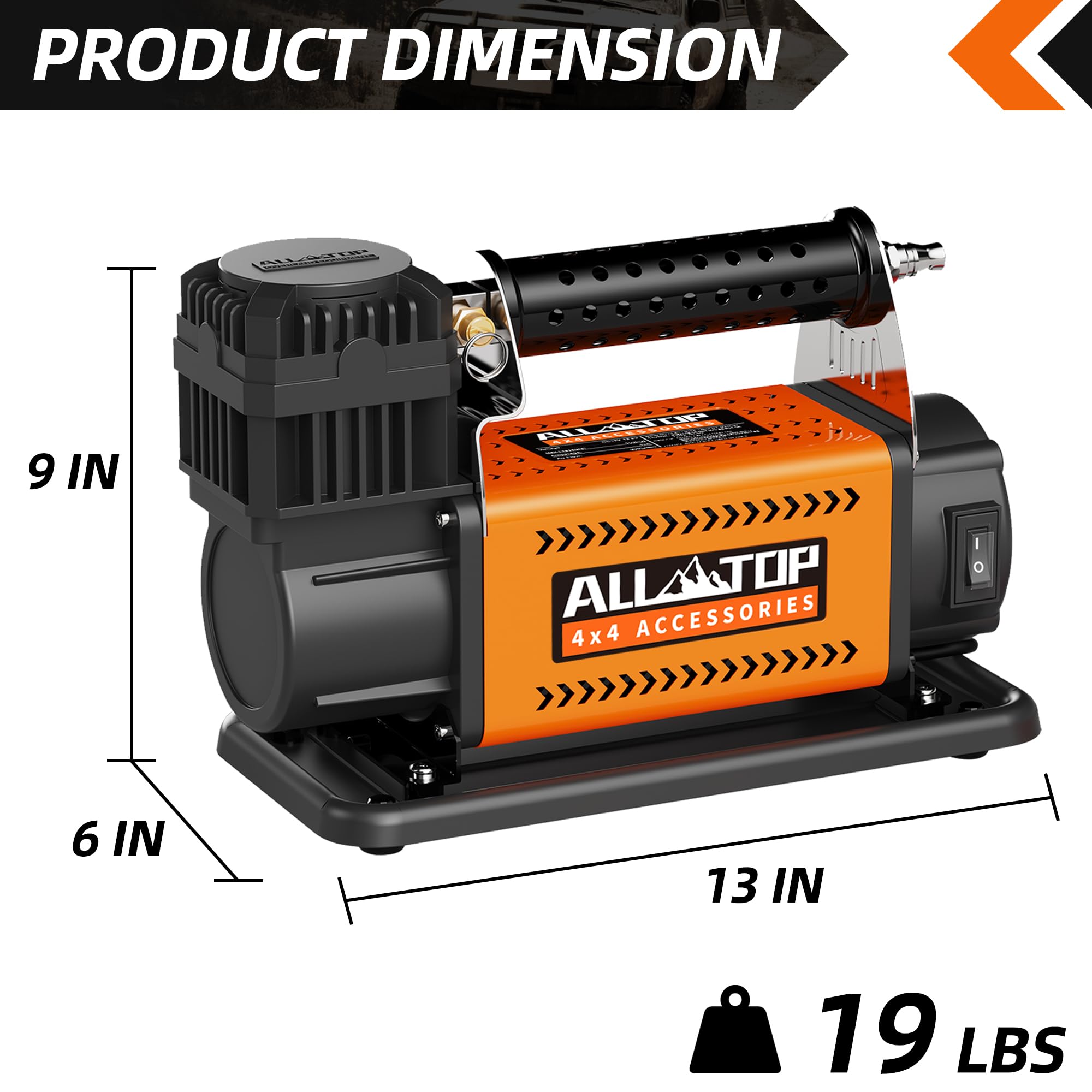 ALL-TOP 12V Portable Air Compressor Kit, 7.06CFM, 150PSI, Heavy Duty Inflator for Truck & SUV Tires, Black and Orange