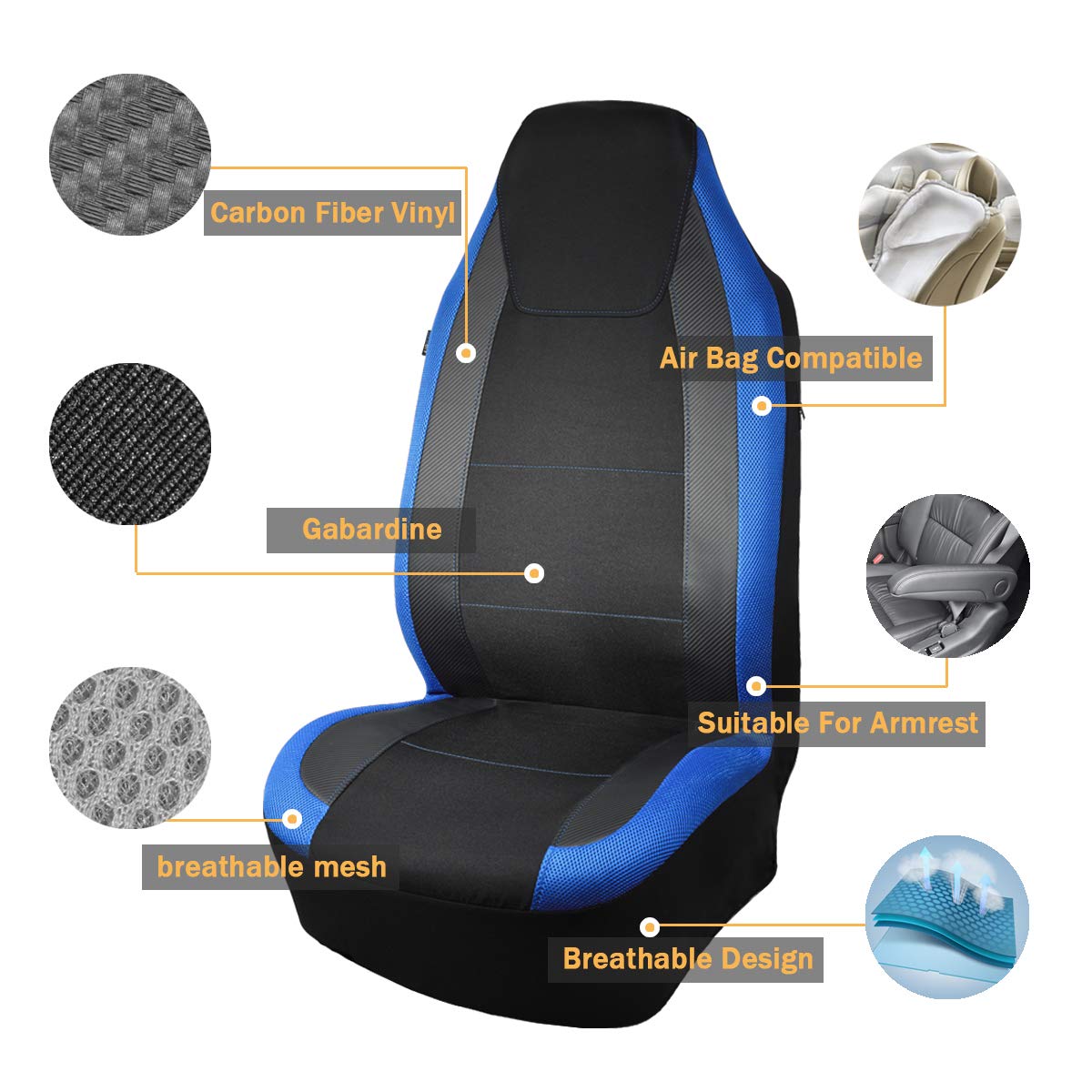 Flying Banner Car Seat Covers Quality Carbon Fiber Faux Leather Mesh Fabric Sport Low High Back Bucket Back Pocket Arm Rest Car Suv Truck Pick Up (2 Fronts - High Bucket, Blue)