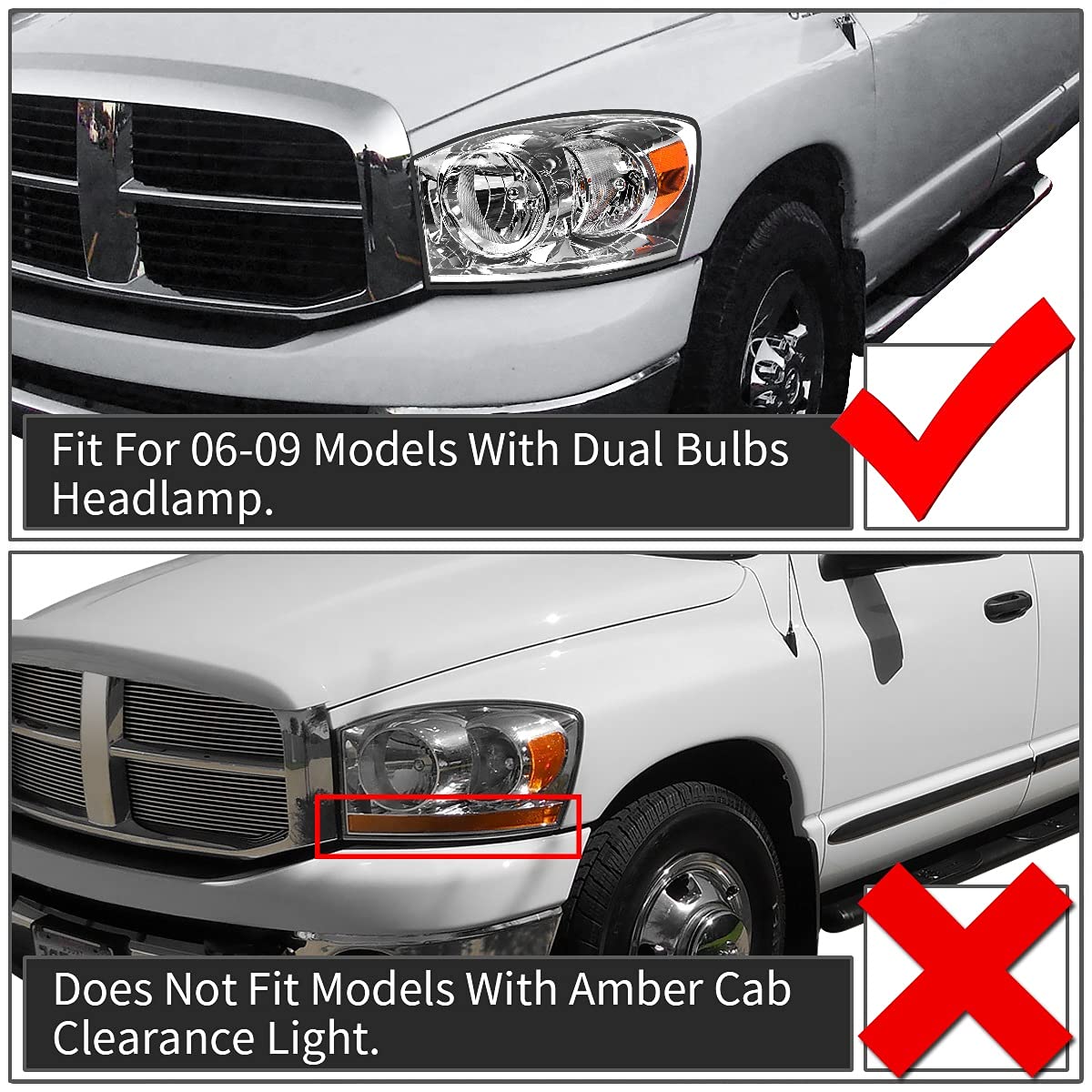 Dwvo Headlight Assembly Compatible With 2006-2008 Dodge Ram 1500/06-09 Dodge Ram 2500 3500 Pickup Replacement Headlamp Driving L