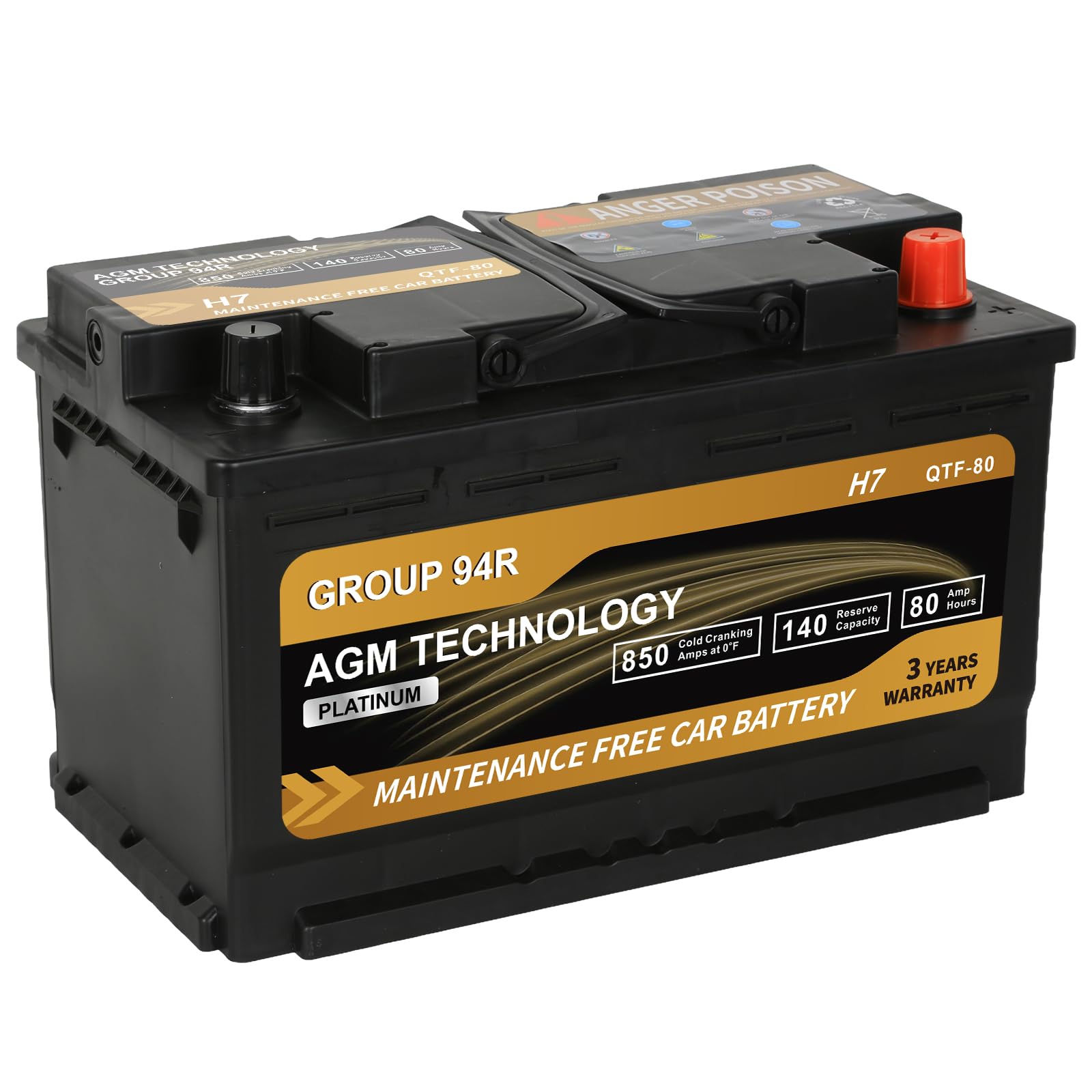 Daakmax Platinum AGM Car Battery Group Size 94R H7, 12V 80Ah, 850 CCA, 140 RC, Rechargeable Start-Stop Automotive Battery with 3