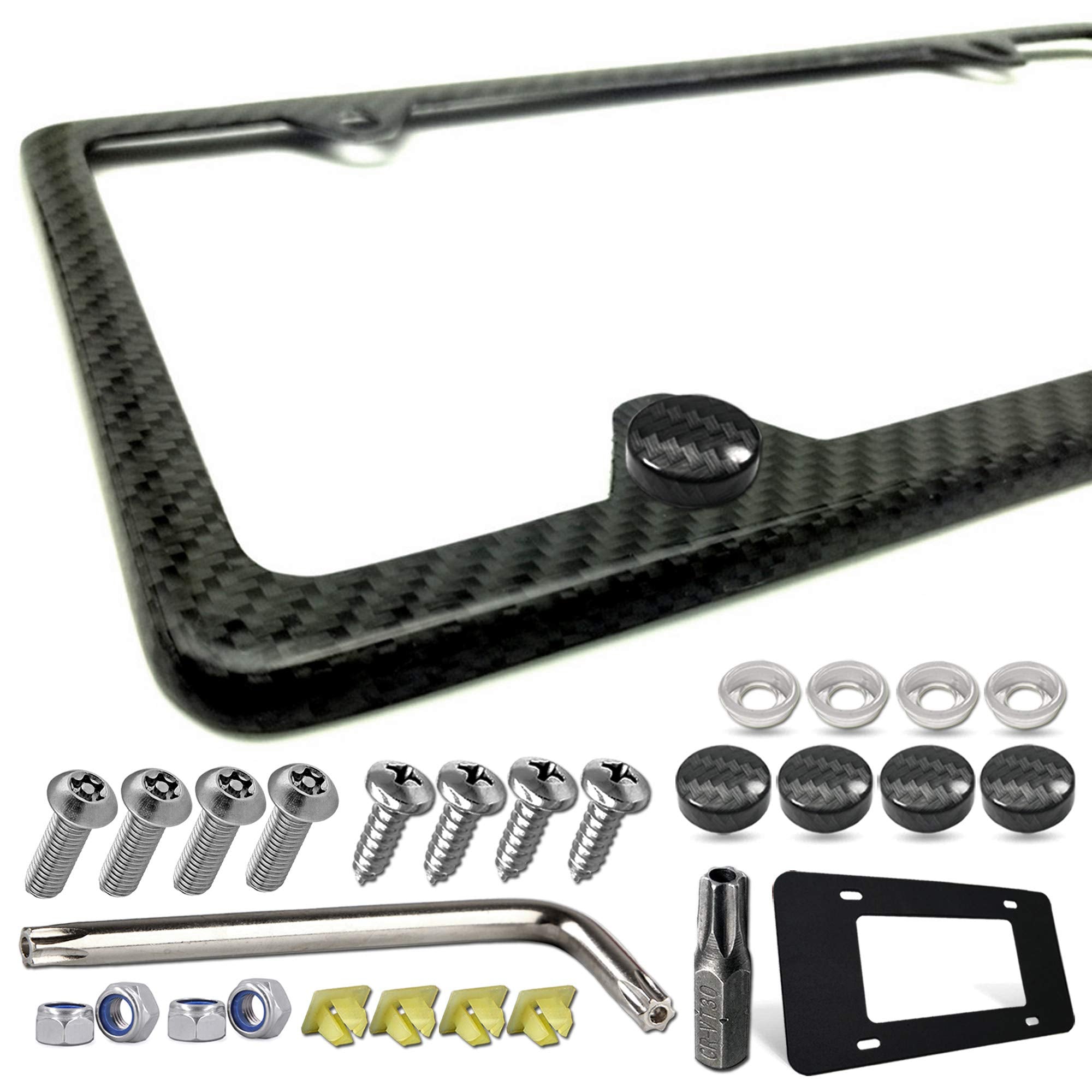 Zxfoog Carbon Fiber License Plate Frame- 100% Handcrafted Real Carbon Fiber Cloth Wrapped Holder, Slim Black Aluminum Car Tag Cover With Stainless Steel Screws Caps, Rattle Proof Pad, 1 Pack 4 Hole