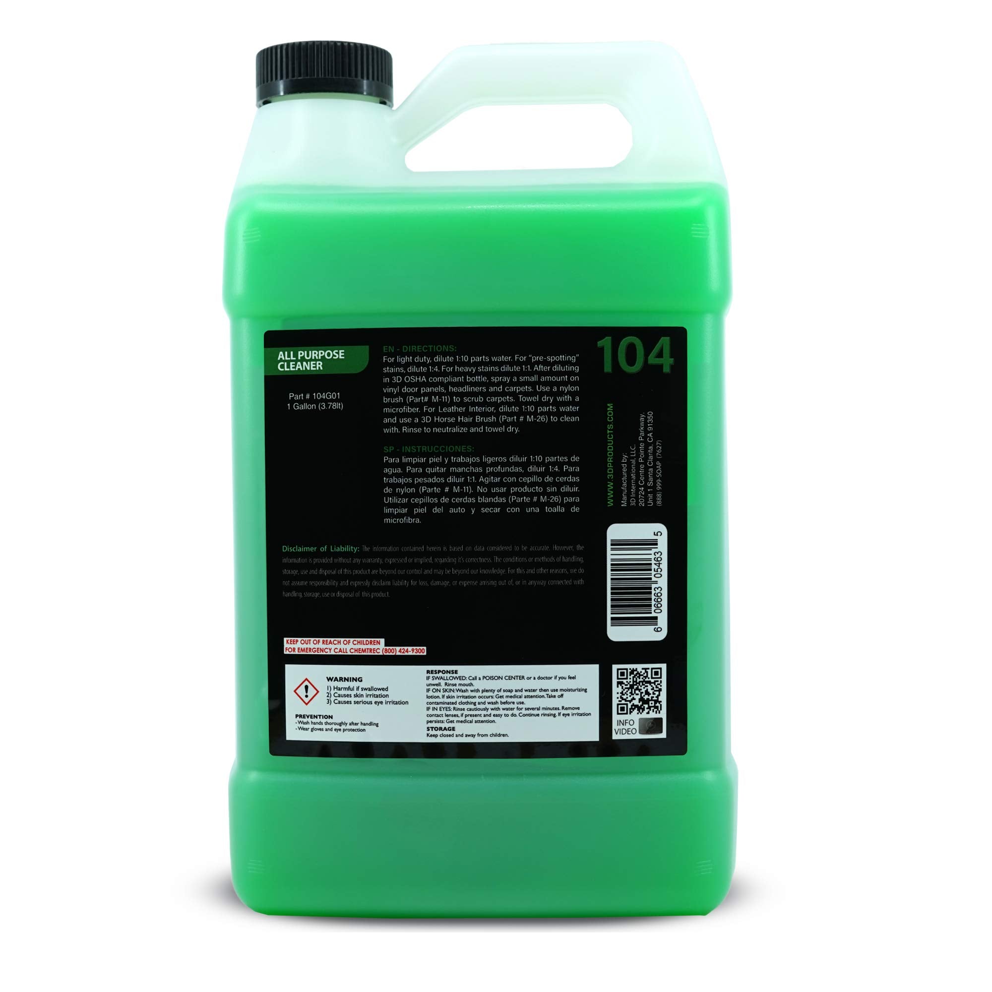 3D Multi Surface Cleaner Refill - 128 Fl Oz (1 Gallon) for Car, Home & Office Use - Model 104G01