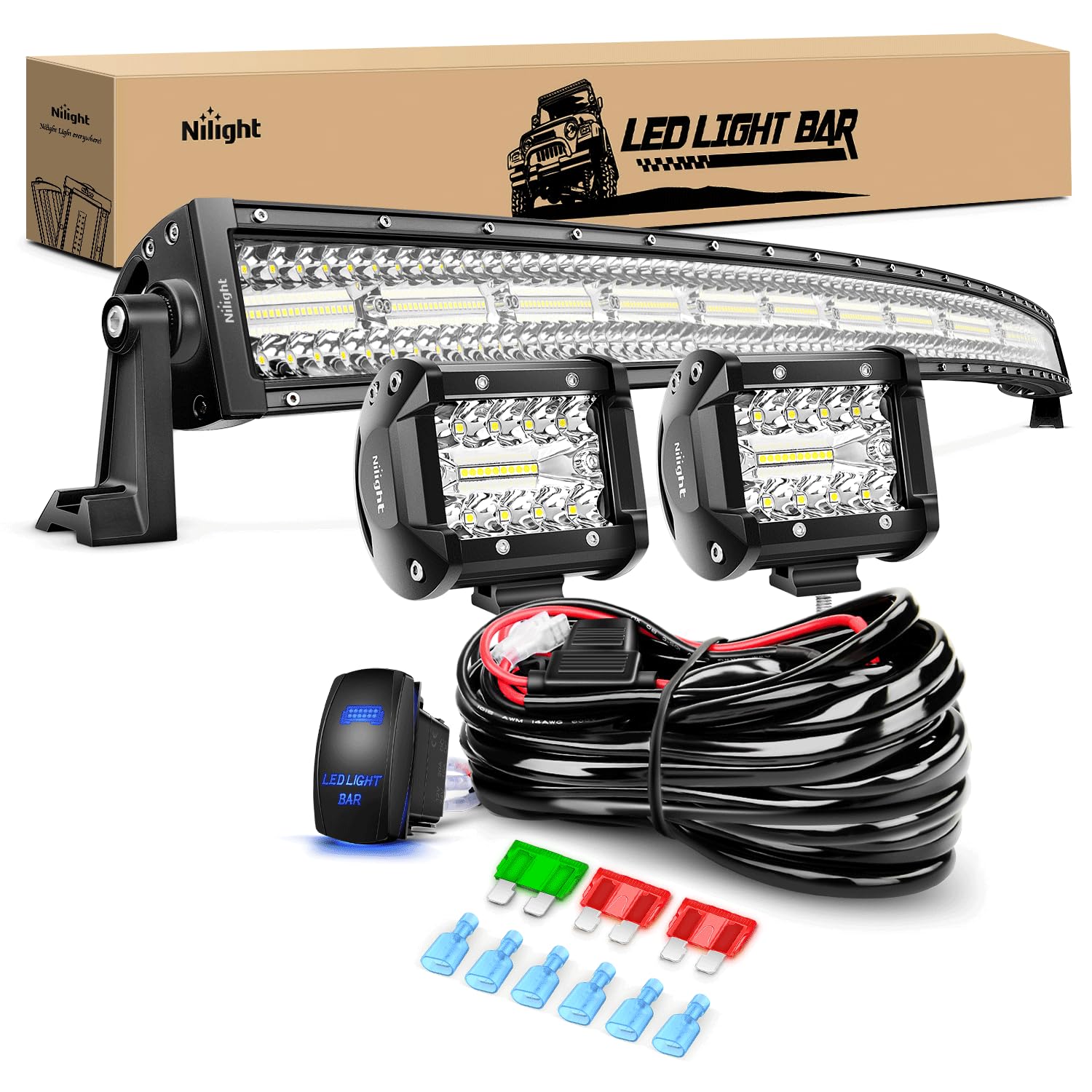 Nilight 42Inch Led Light Bar 2Pcs 4Inch 60W Spot Flood Lights Pods Off Road Drivingwork Lighting With 14Awg Wiring Harness Kit-3