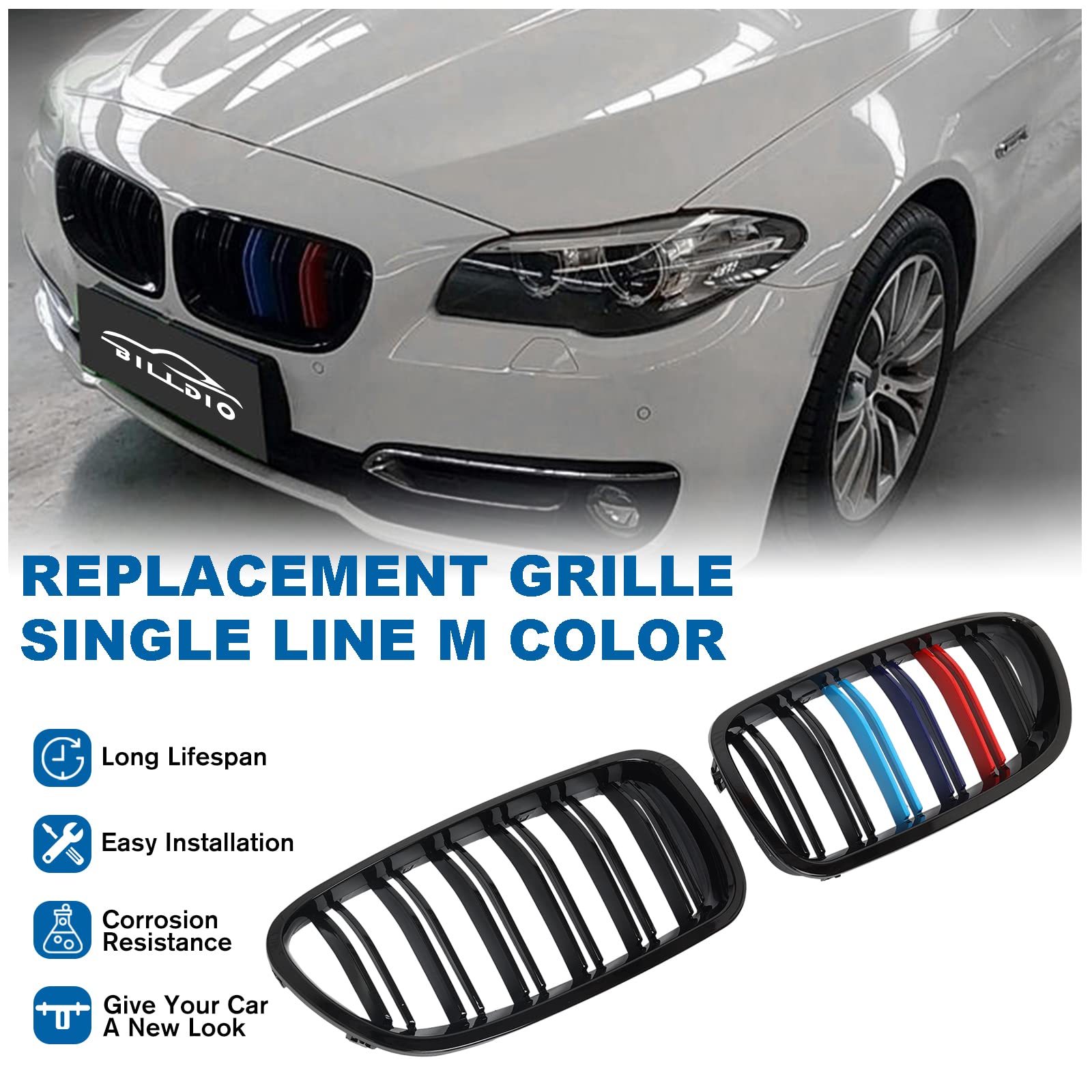 BILLDIO F10 M Color Front Kidney Grille for 2010-2017 BMW 5 Series, Double Slats, Plastic, Model FDEX050AD