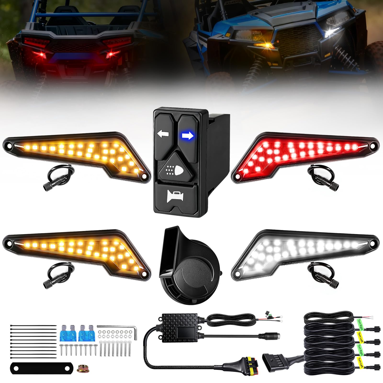 VI9000 UTV Turn Signal Kit with White DRL/Red Running Light 4-in-1 Rocker Switch 110DB Horn Pre-Wired Plug & Play UTV Universal 