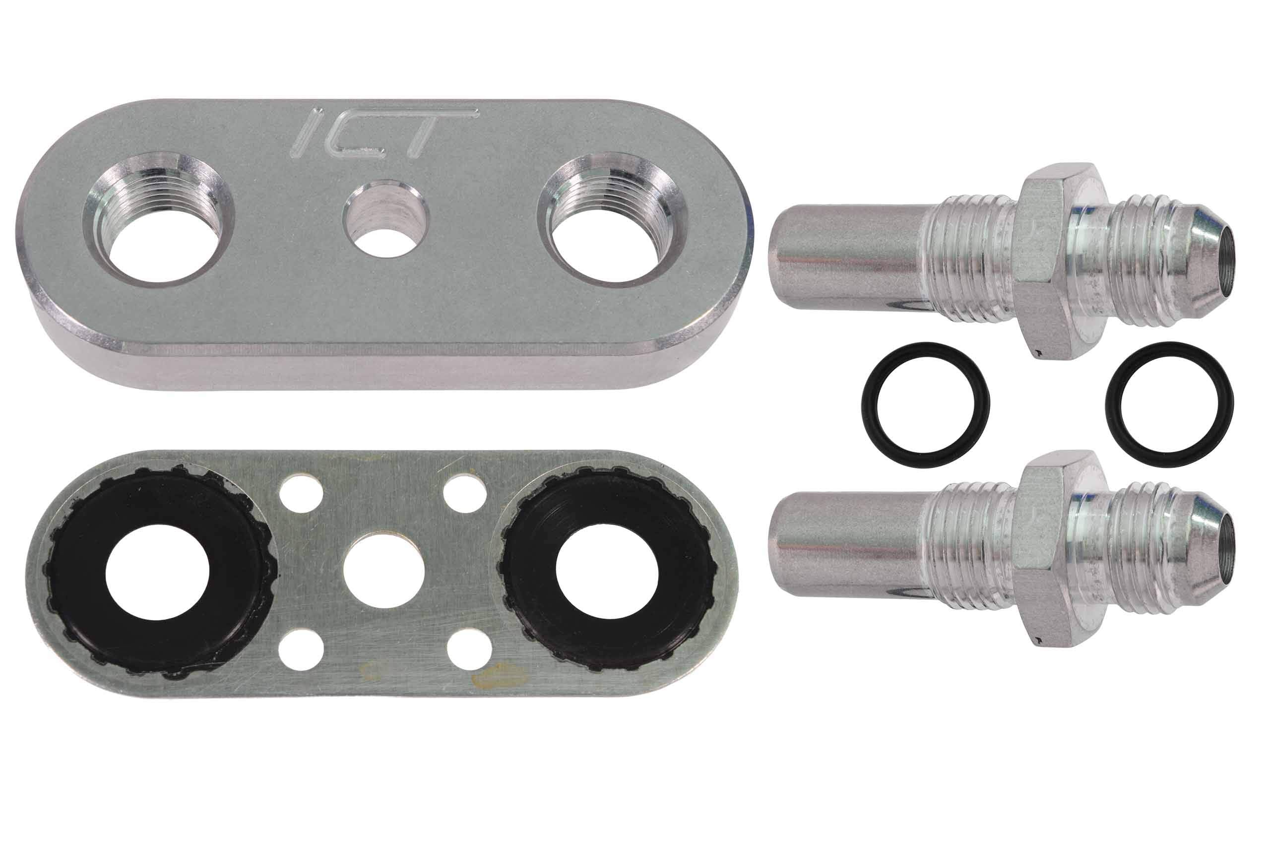ICT Billet Transmission Cooler Line Adapter Plate with Gasket 6AN Fittings Compatible with 6L80E 6L90E 8L90E Factory Oil Seal Li
