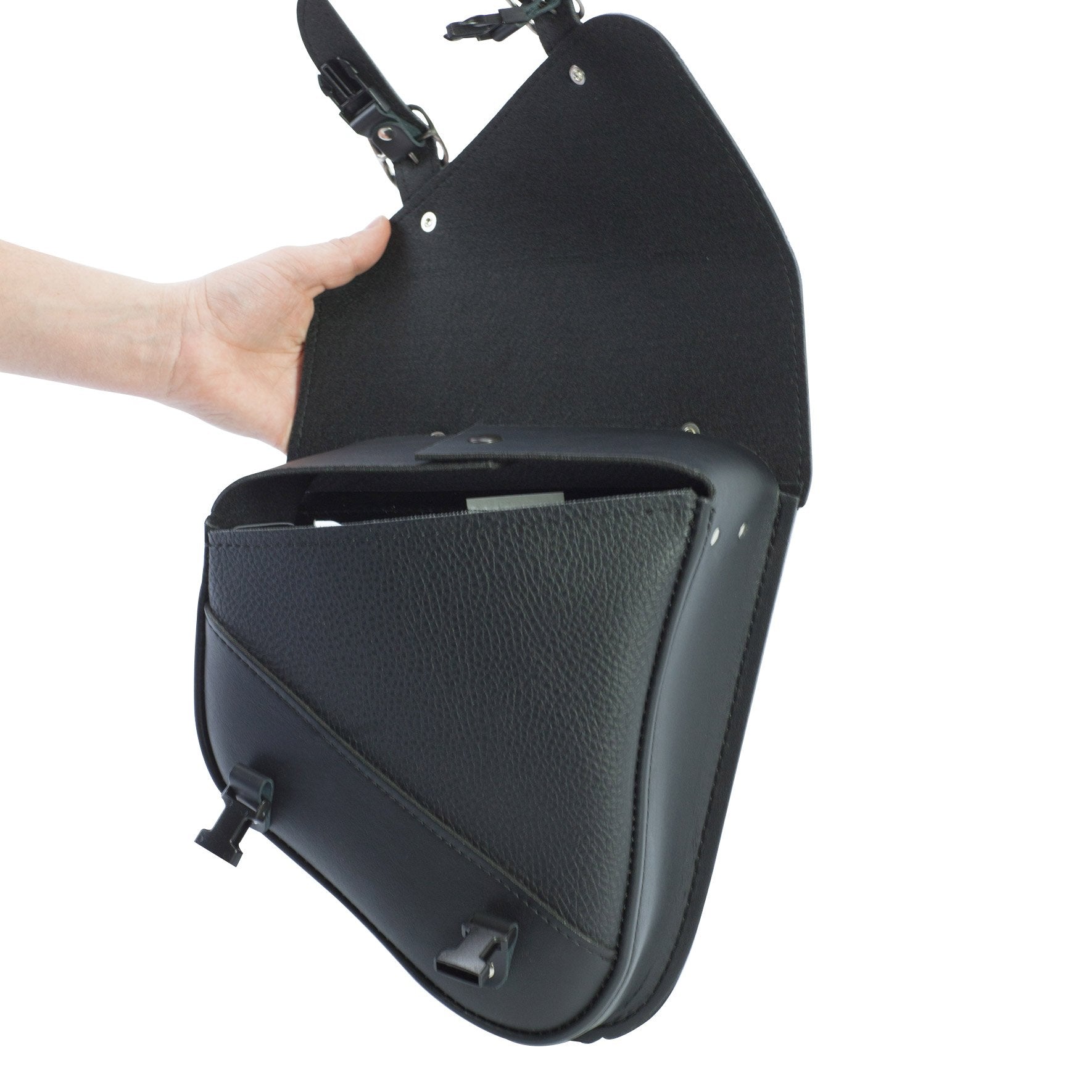 Willie & Max Black Synthetic Leather Motorcycle Swingarm Bag for Sportsters/Dual Shock Models - Nickel Buckle - Made in USA [597