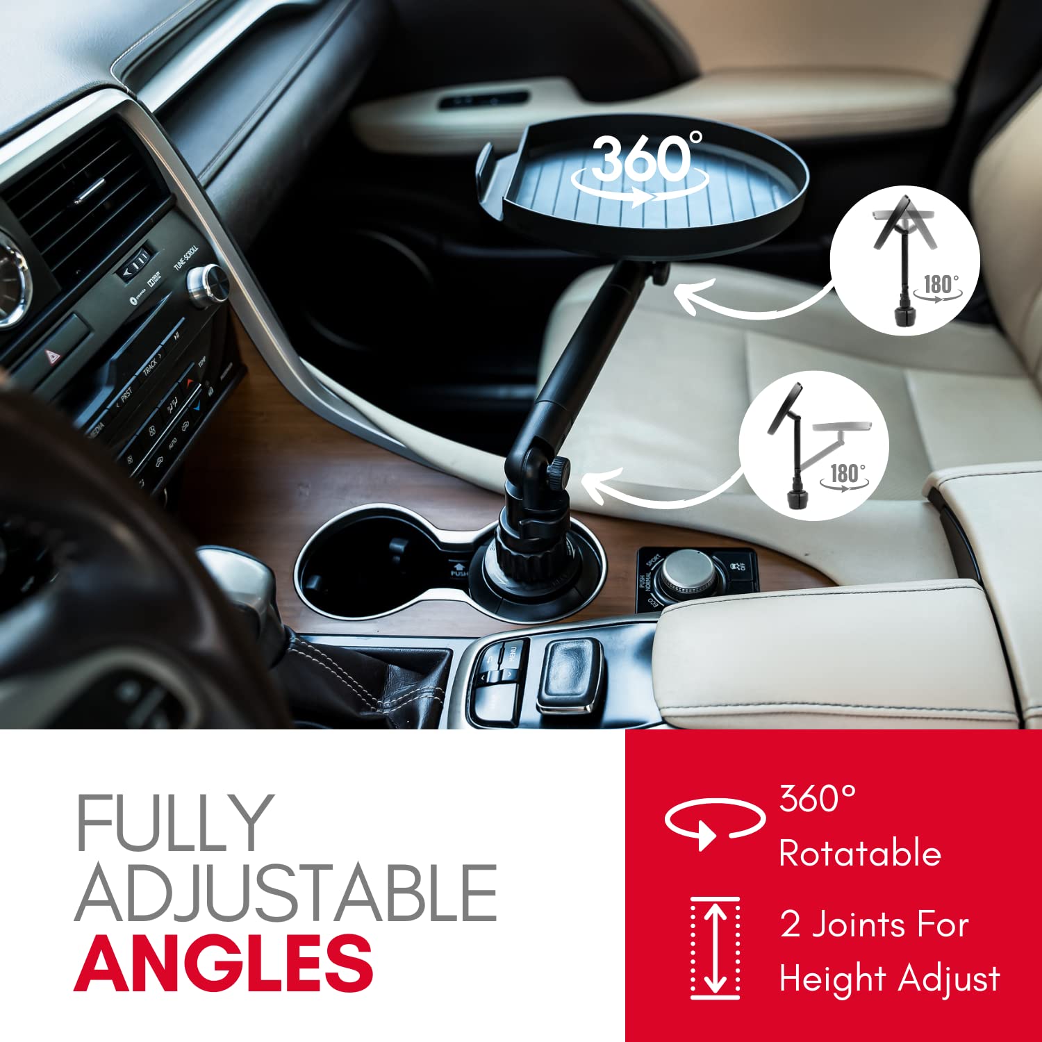Macally Cup Holder Tray For Car - Adjustable Car Tray Table - Perfect Car Food Tray For Eating With Phone Slot And Swivel Arm - Car Organizer