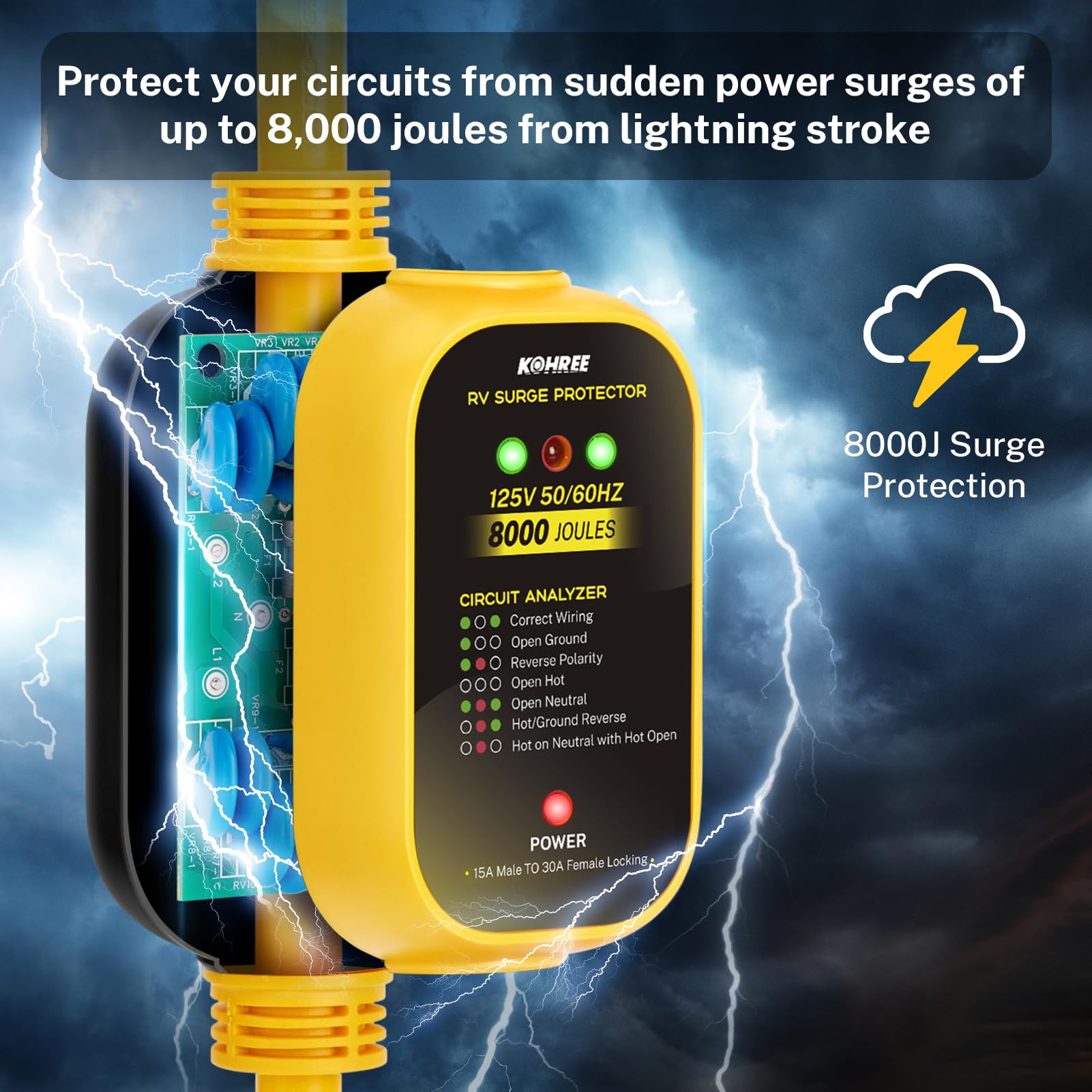Kohree RV Power Adapter 30 Amp to 110V with Surge Protection, 21" Twist Lock, Model KR6443, Yellow, Circuit Analyzer with LED Indicators