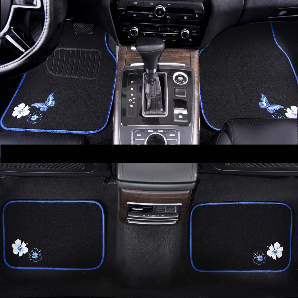 Car Pass Embroidery Butterfly And Flower Car Floor Mats, Blue Car Floor Mats, Universal Fit 95% Automotive,Suvs,Sedan,Vans, For